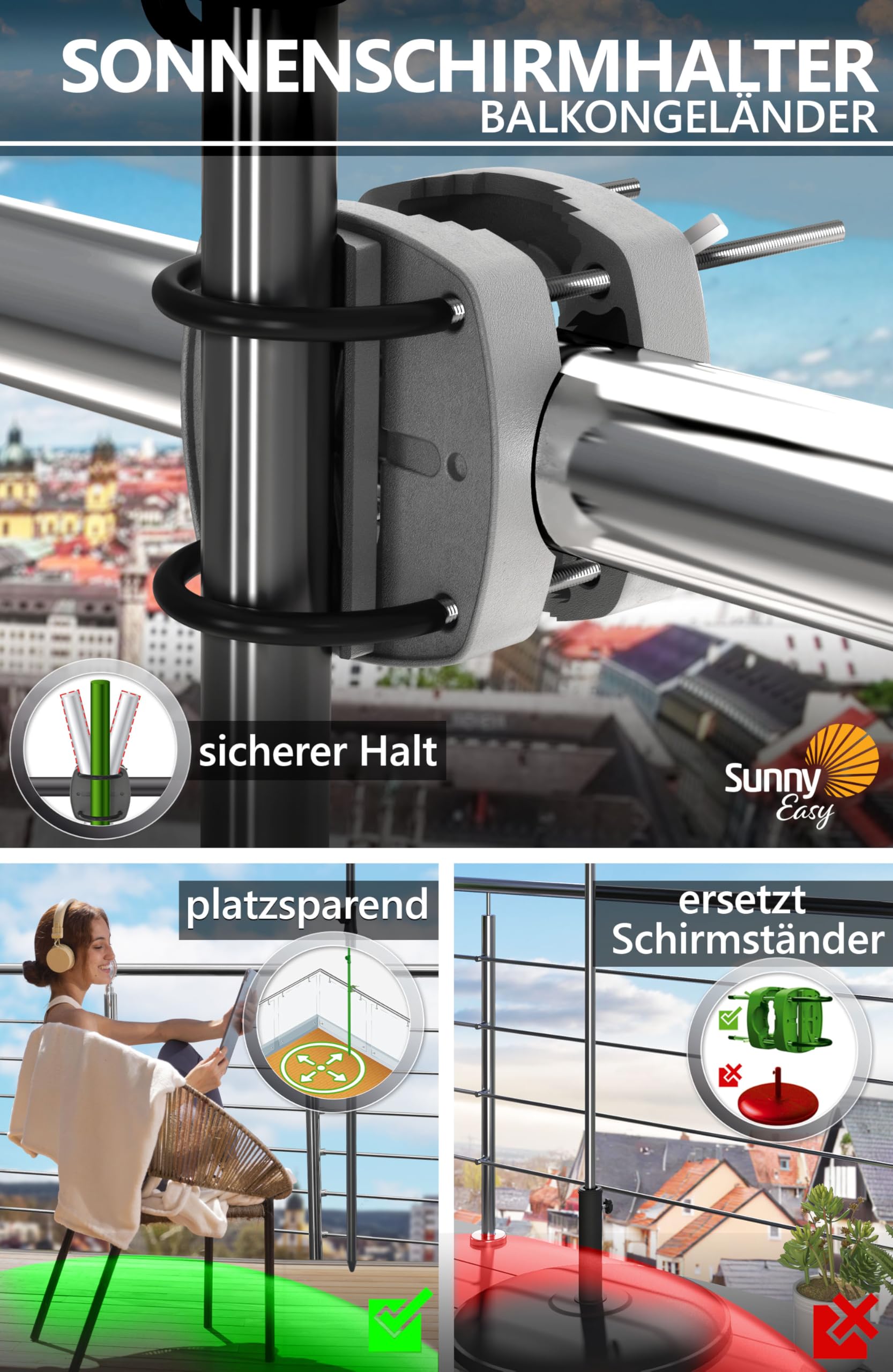 4smile Sonnenschirm Set Balkon - Rechteckig 200x125cm Mit Halterung