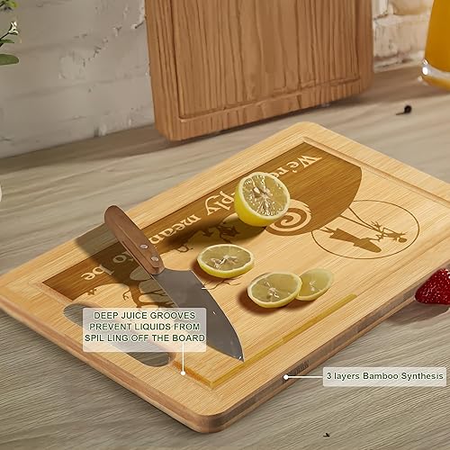 Miniatura 4 de Nightmare - Tabla de cortar de bambú grabada Jack and Sally Bandeja de madera para servir alimentos para cocina, carnicero con asas, ranura para