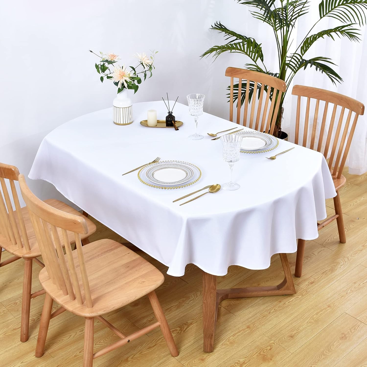 Wolkemer Oval Tablecloth 60 x 102 Inch Washable Fabric Table Cloth Solid White Table Cover for Dining Wedding Party Banquet Tabletop Decoration