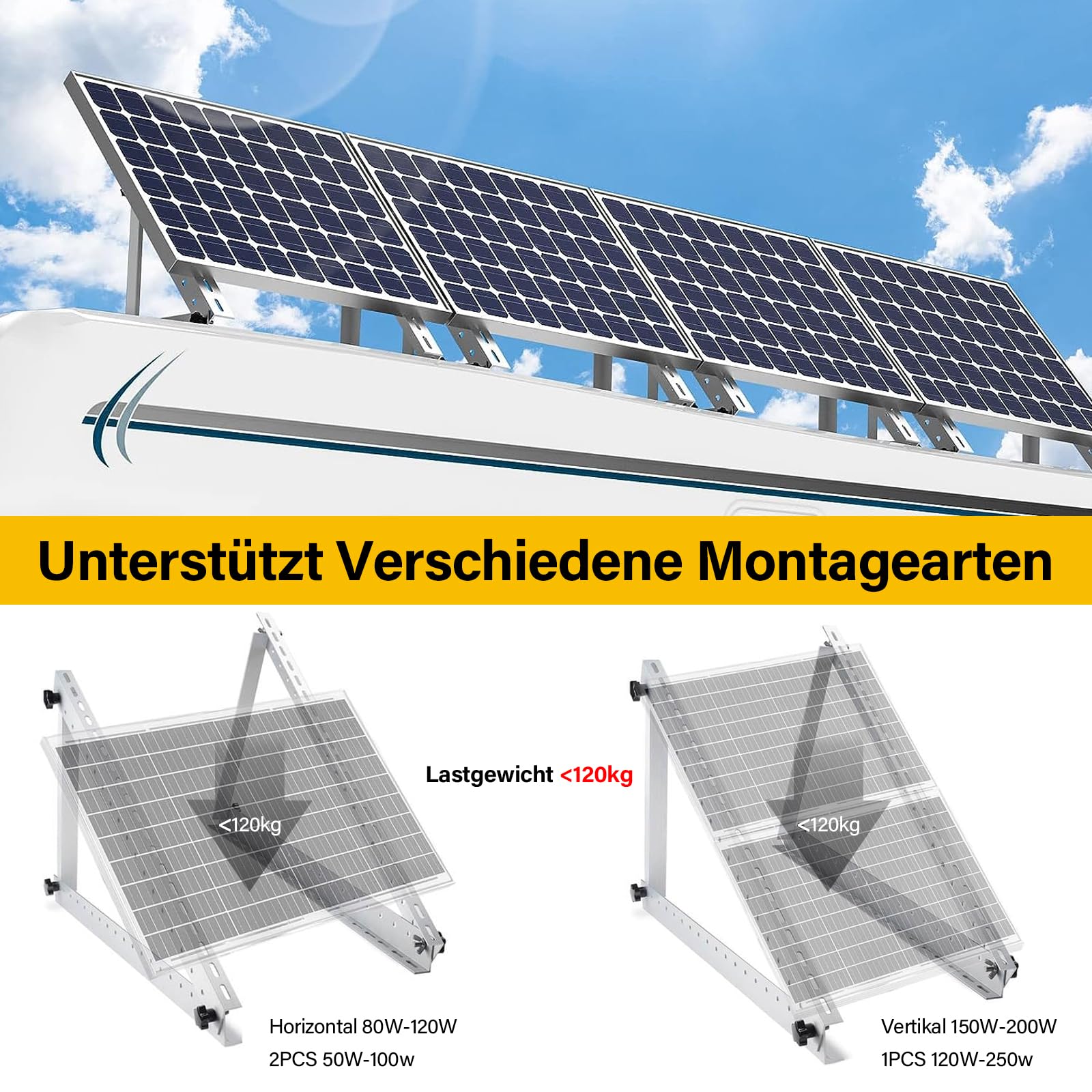 JAECU Solarpanel-Halterung 114 Cm – 0-90° Verstellbar, Für Flachdach, Wand, Wohnmobil, Boot, Kompatibel Mit 100–600 W Modulen, 2 Paar