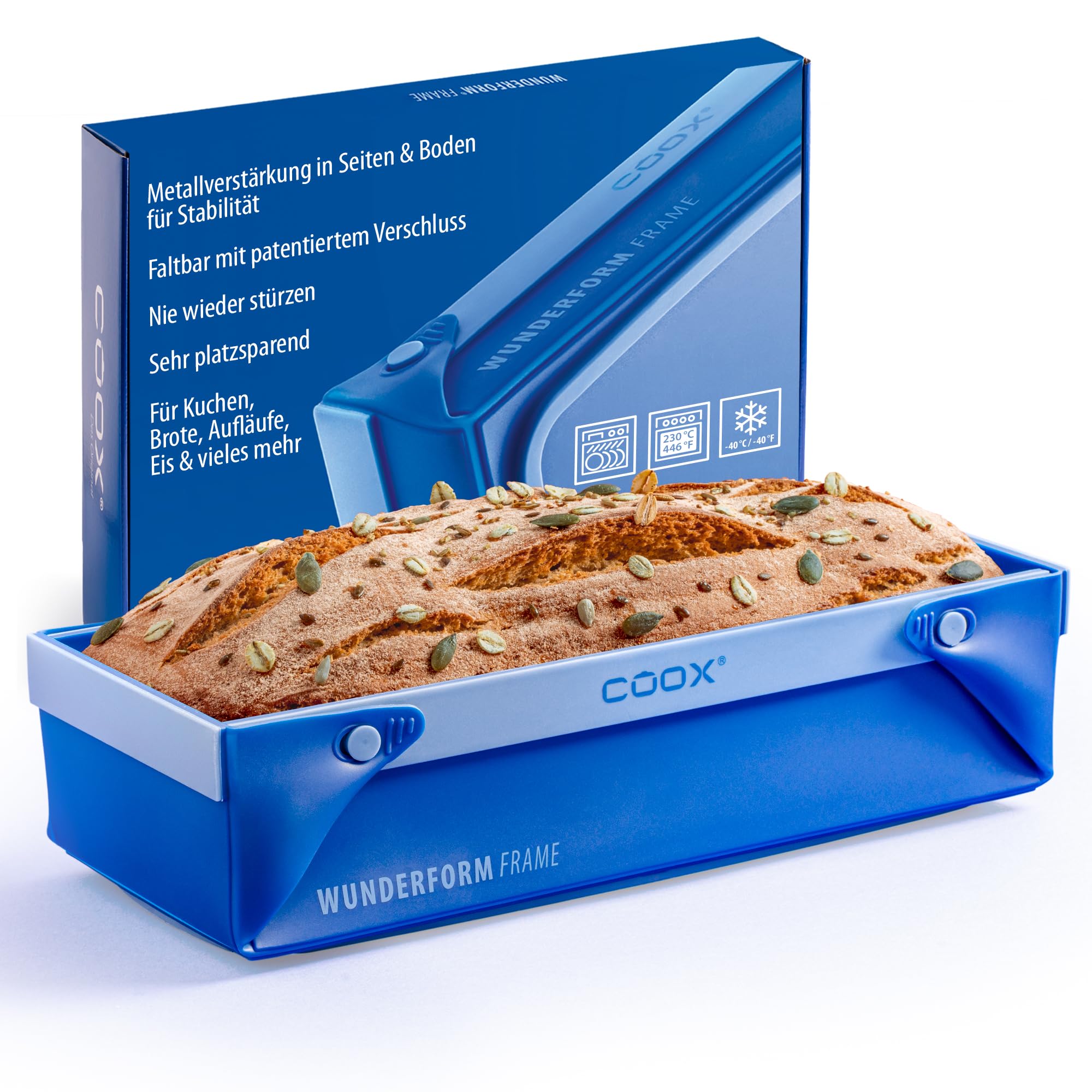 coox WUNDERFORM L - die faltbare Kastenform mit Metallverstärkung - Backen & Servieren in Einem I Antihaft-Silikon I Spülmaschinenfest I Kein Stürzen I BPA-frei Blau