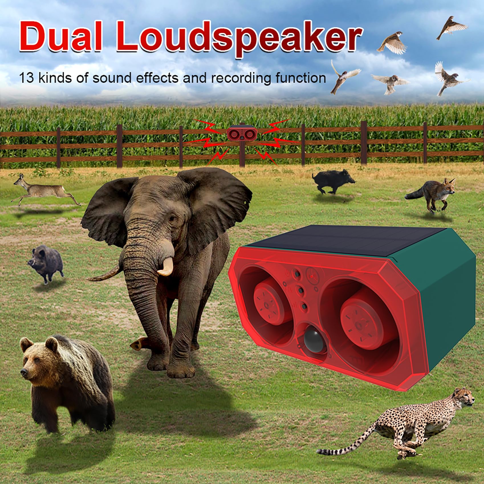 Solar-Sound- und Stroboskop-Lichtalarm, Bewegungsmelder, Sirene, 13 Töne und Aufnahme, Dual-Lautsprecher, 130 dB, Hundebellen, lauter Geräuschmacher, Sicherheitswarnsystem für Zuhause,