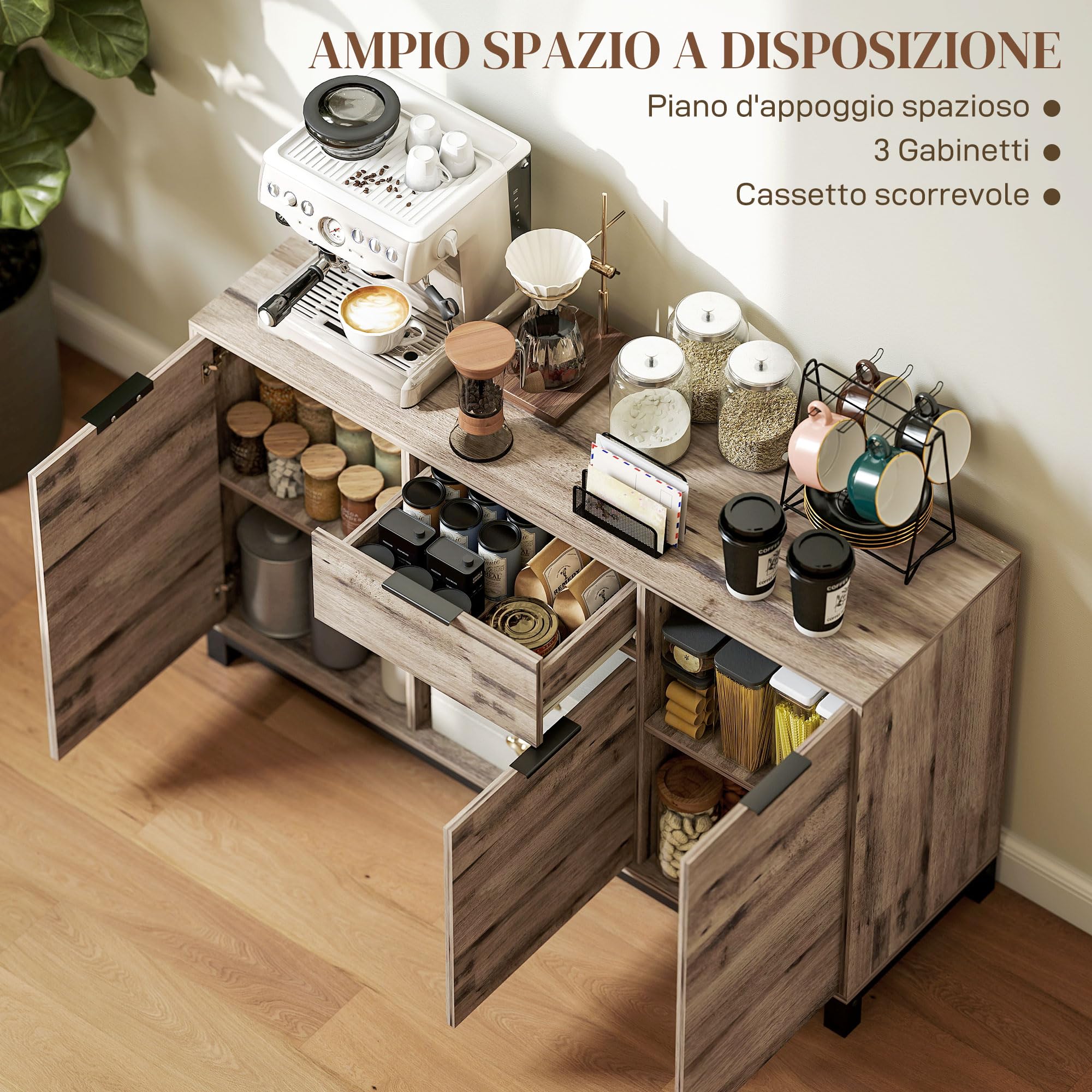 HOMCOM Mobile Soggiorno Madia, 3 Armadietti, 120x36.5x70 cm, Marrone | Credenza Soggiorno, Cassetto, Ripiani Regolabili, Gambe in Acciaio in Stile Industriale, Sala da Pranzo, Cucina