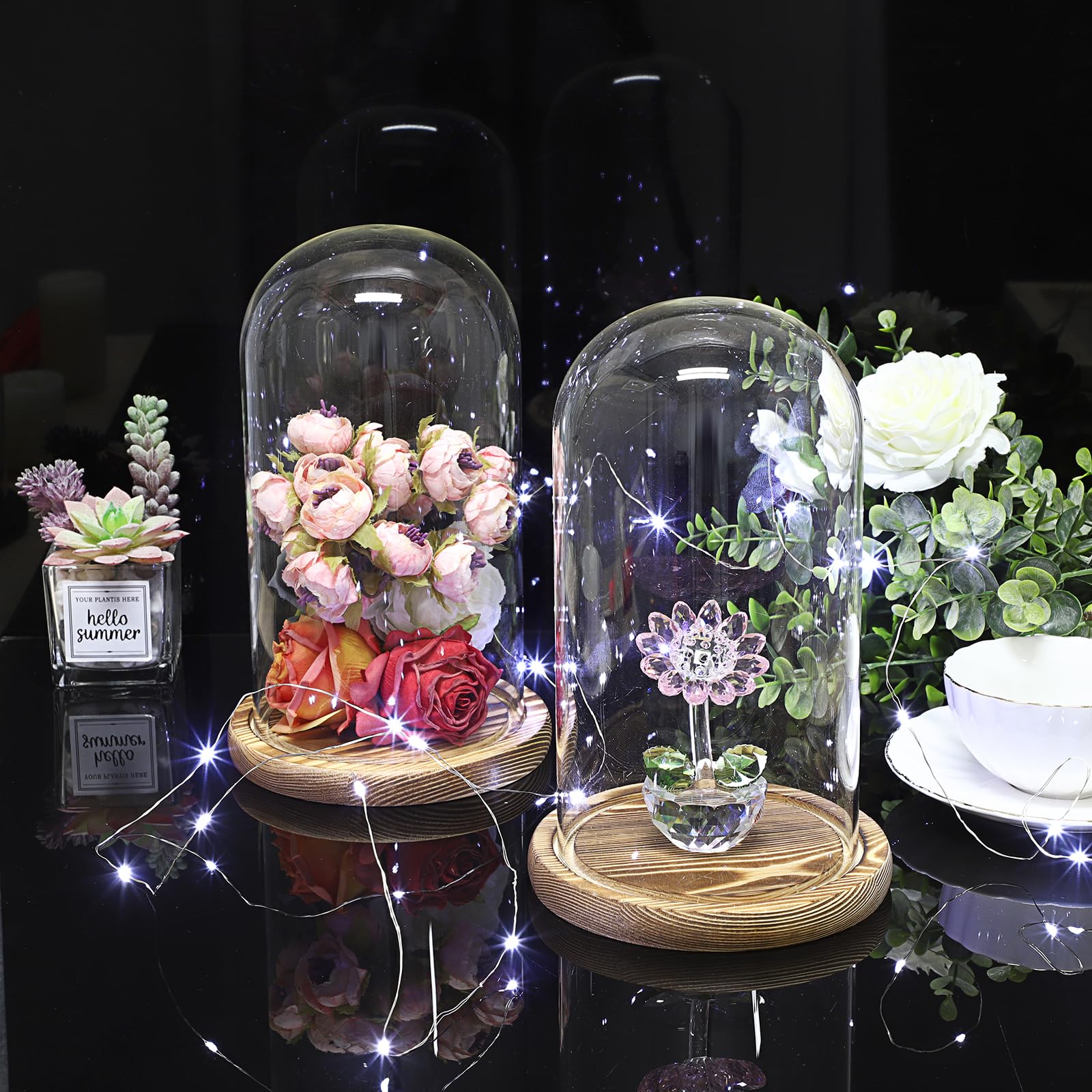 Lot de 2 dômes en verre socle bois naturel - Cloche décorative robuste - Pour lampes, bougies, roses, décorations Noël, anniversaires, Saint-Valentin