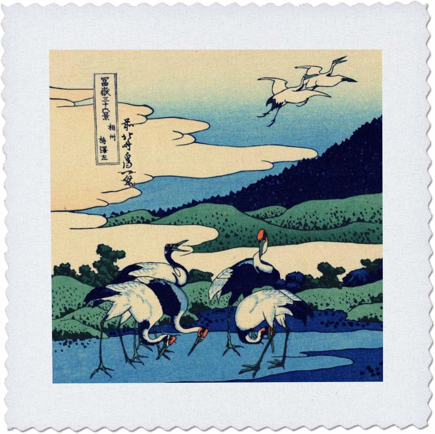 qs_162565_4 Umegawa in Sagami Province by Hokusai Japanese Fine Art Blue Classic Japan Ukiyo-e Birds Cranes Quilt Square, 12 by 12"