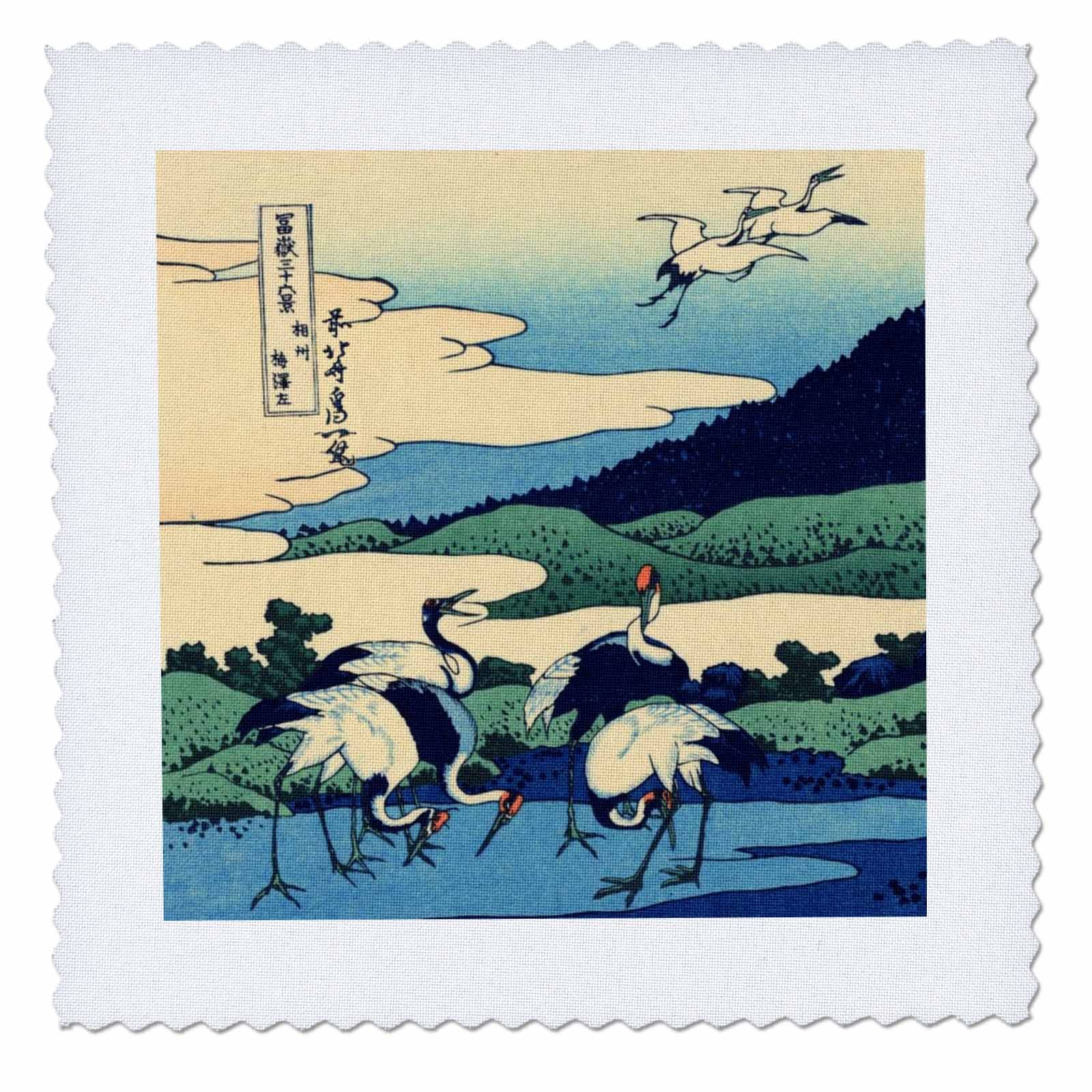 3dRoseqs_162565_4 Umegawa in Sagami Province by Hokusai Japanese Fine Art Blue Classic Japan Ukiyo-e Birds Cranes Quilt Square, 12 by 12"