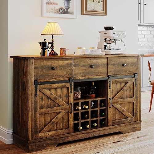 oneinmil Farmhouse Coffee Bar Cabinet, 54'' Buffet Cabinet with Storage, Sliding Barn Doors and Adjustable Shelves, Wine Cabinets for Home & Kitchen, Brown
