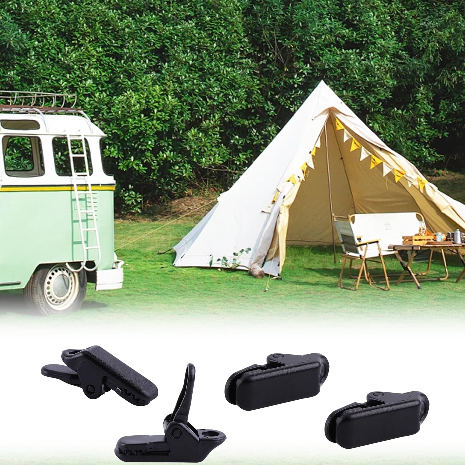 Juego de 20 clips para tienda de campaña, pinzas de cocodrilo negro, resistentes clips de lona para toldos y camping