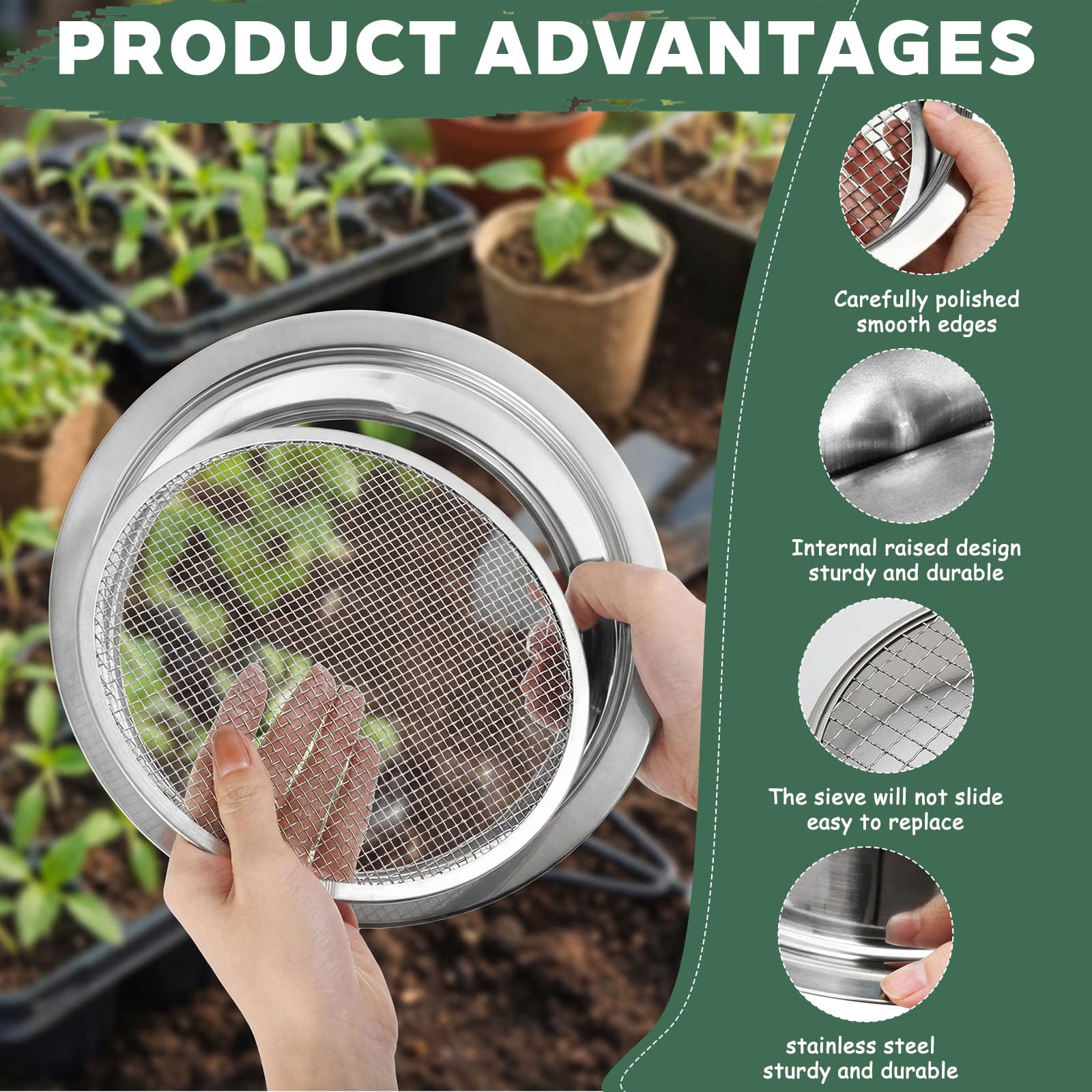 5-en-1 Tamis de Jardinage en Acier Inoxydable,Tamis à Sable avec Mailles Ø 1, 3, 6, 9 et 12 mm,Inclut 1 Pelle à Main pour Terre, Pierres, Compost, Mauvaises Herbes, Sable, Gravier et Graines
