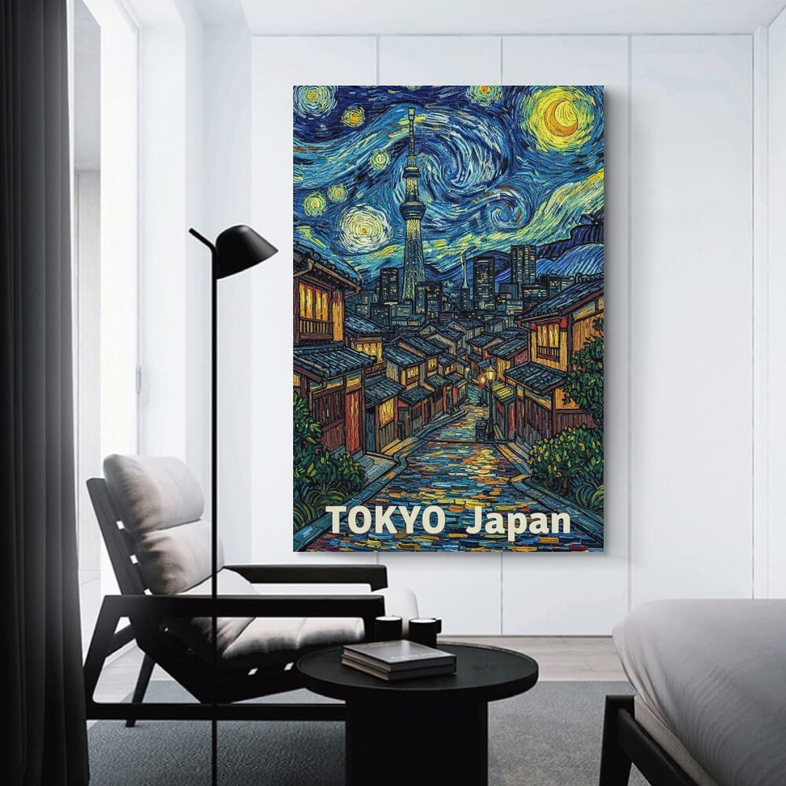 Junmoney Tokyo Japan Starry Night Painting Canvas Wall Decor, 24x36inch(60x90cm), for Home Office, Desk Area Or Studio, Wall Art That Adds Style to Work Areas