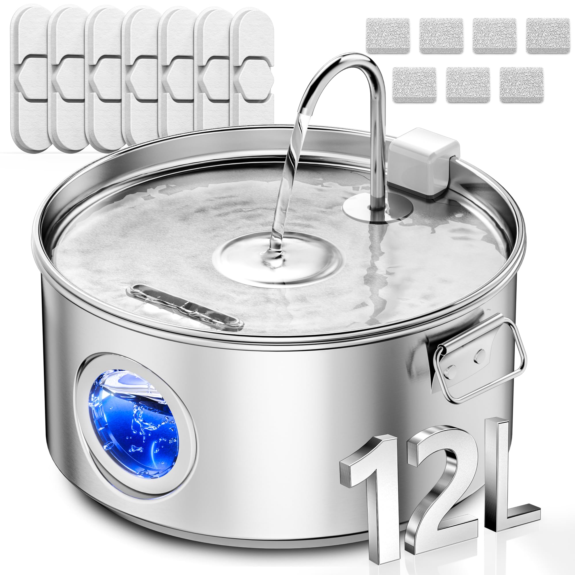 Dog Water Fountain for Large Dogs, 3.2Gal/406oz/12L Stainless Steel Dog Water Fountain, Quiet Dog Water Bowl Dispenser with Visible Window for