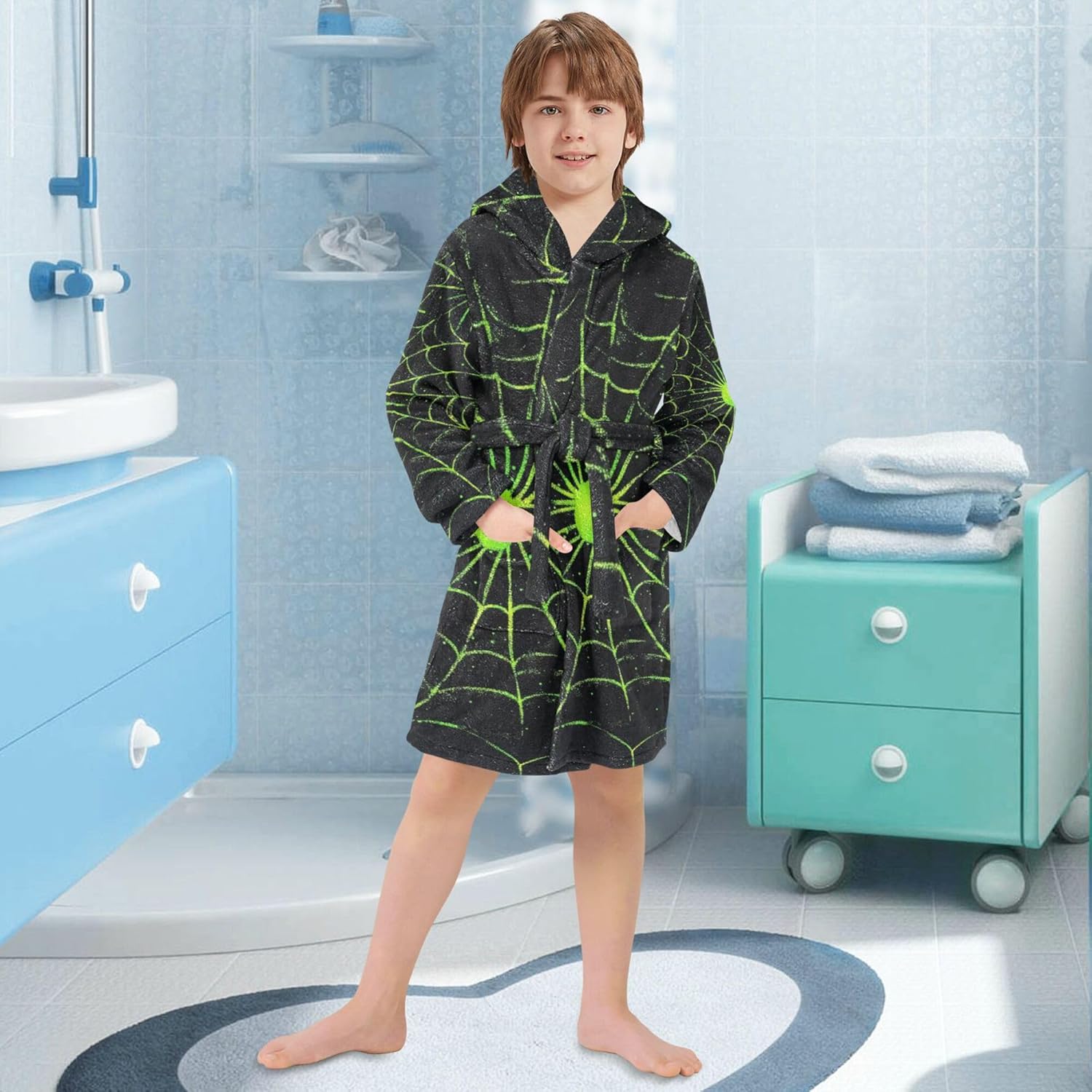 Green Spiders Web Halloween Bathrobe Hooded PJ Robe Soft Fleece Robe Pajama Sleepwears 2-12 Years