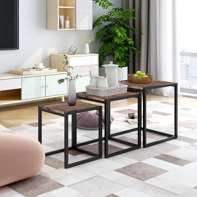 DUMEE Nesting Tables Set of 3, Stacking Side Tables, Sofa End Tables, Wooden Coffee Table, Steel Metal Legs, for Living Room, Black and Rustic Brown