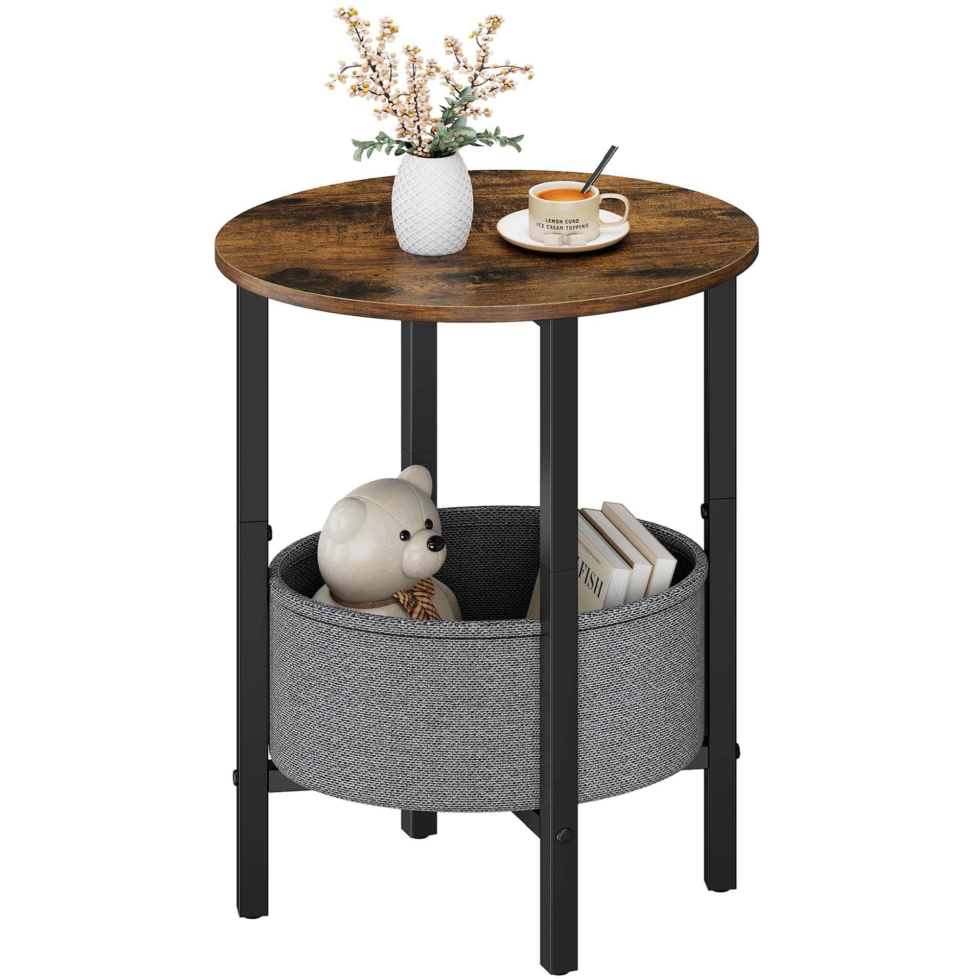 Vagusicc Round Side Table, Round Coffee Table with Fabric Basket, Side Tables Living Room, Decorative Small End Tables for Smal Space, Small Round Side Table Bedside Table for Bedroom,(Rustic Brown)