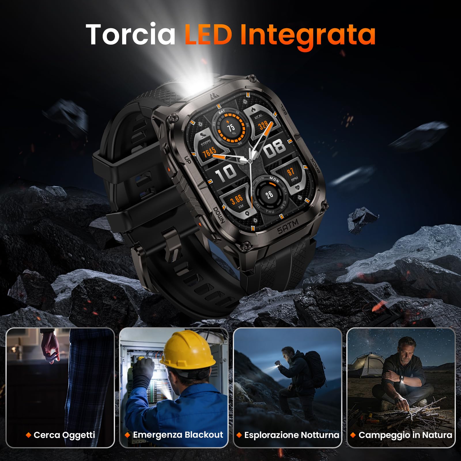 KOSPET Tank M4C Smartwatch Uomo Rugged con Torcia Integrata, 5 ATM & IP69K | GPS a 6 Satelliti, Batteria 15 Giorni, Monitor Salute 24/7, 170+ Modalità Sportive, Compatibile con Android & iPhone, Nero
