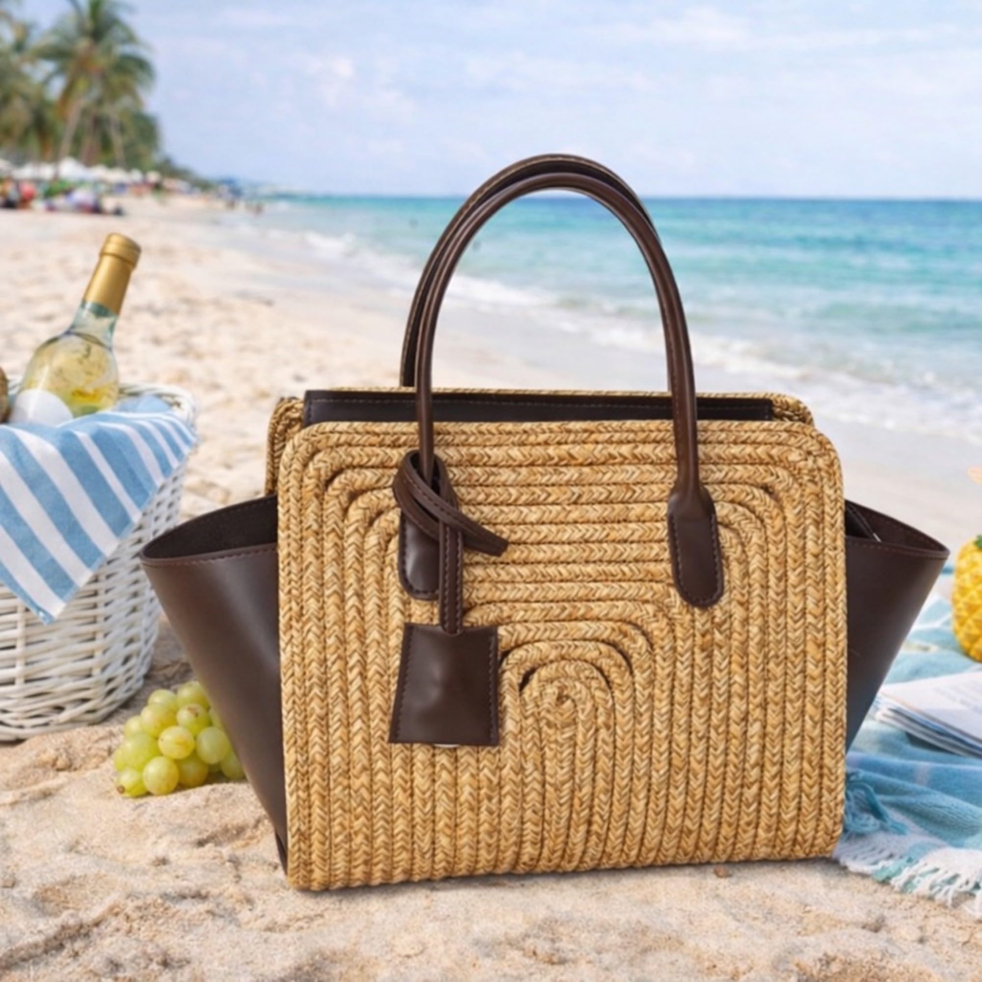 Amalfi Bolso de mano de rafia para mujer, bolso de verano trenzado con detalles de piel sintética, elegante bolsa de playa para verano y uso diario, bolso mediano 22 x 30 x 15 cm