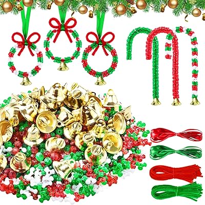 Christmas Beads Ornament Kit with 1500 Pieces Triangle Beads, 50 Pieces Chenille Stems, 50 Pieces Bells, 200 Pieces Plastic Beads, and 10 m Ropes for Tree Decorations Supplies Xmas Craft Holiday