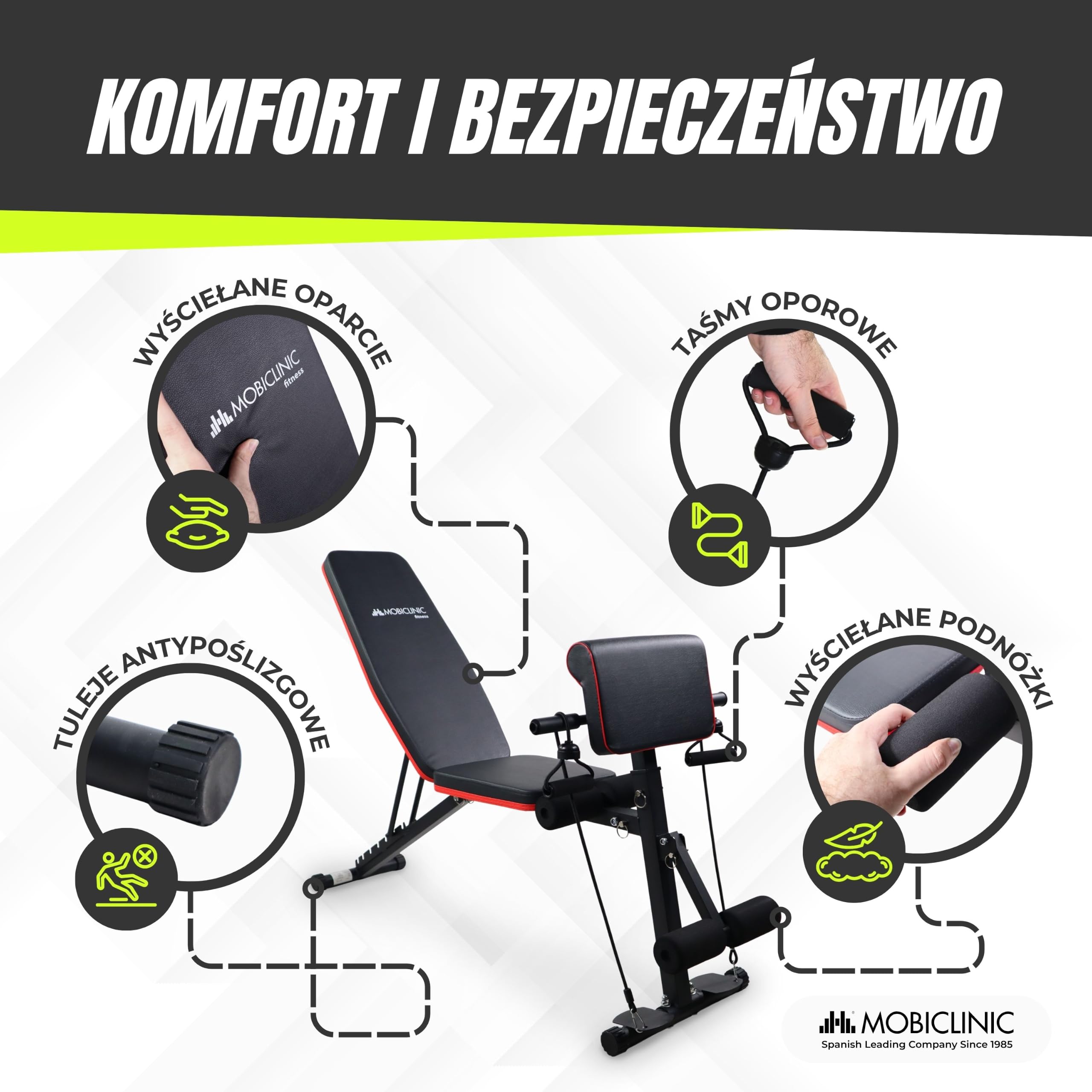 Mobiclinic®, Ławka treningowa, Z Paskami Oporowymi, Składana, Z Kółkami, Wielofunkcyjna, Do Wyciskania na Ławce, Regulowana, Uchylna i Opuszczana, Do 120 kg, Planefit, Domowa Siłownia