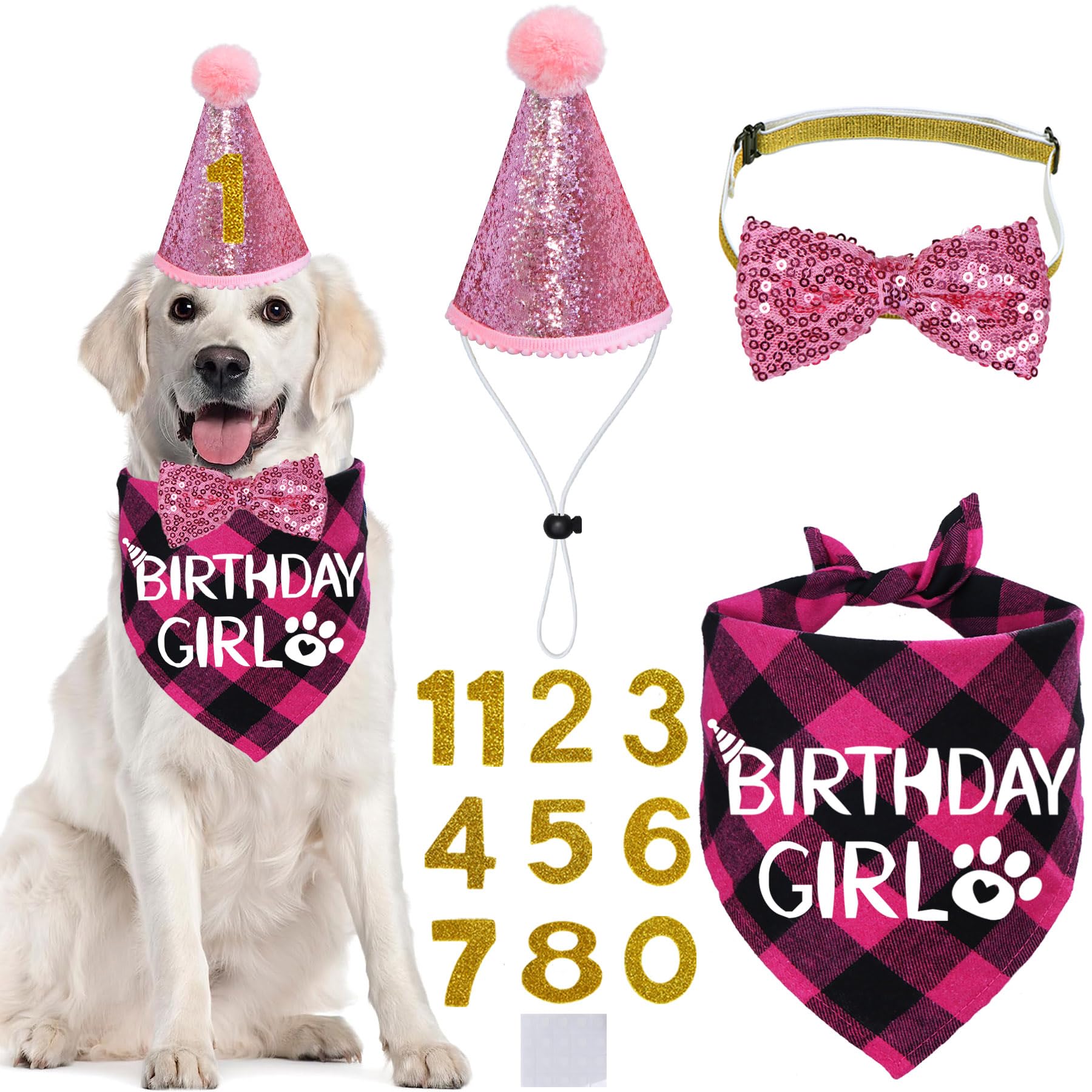 STMK Dog Birthday Party Supplies, Multi Sizes Dog Birthday Hat with Numbers Bandana Bow Tie for Large Extra Large Dogs Pets Birthday Outfits (Pink, X-Large)