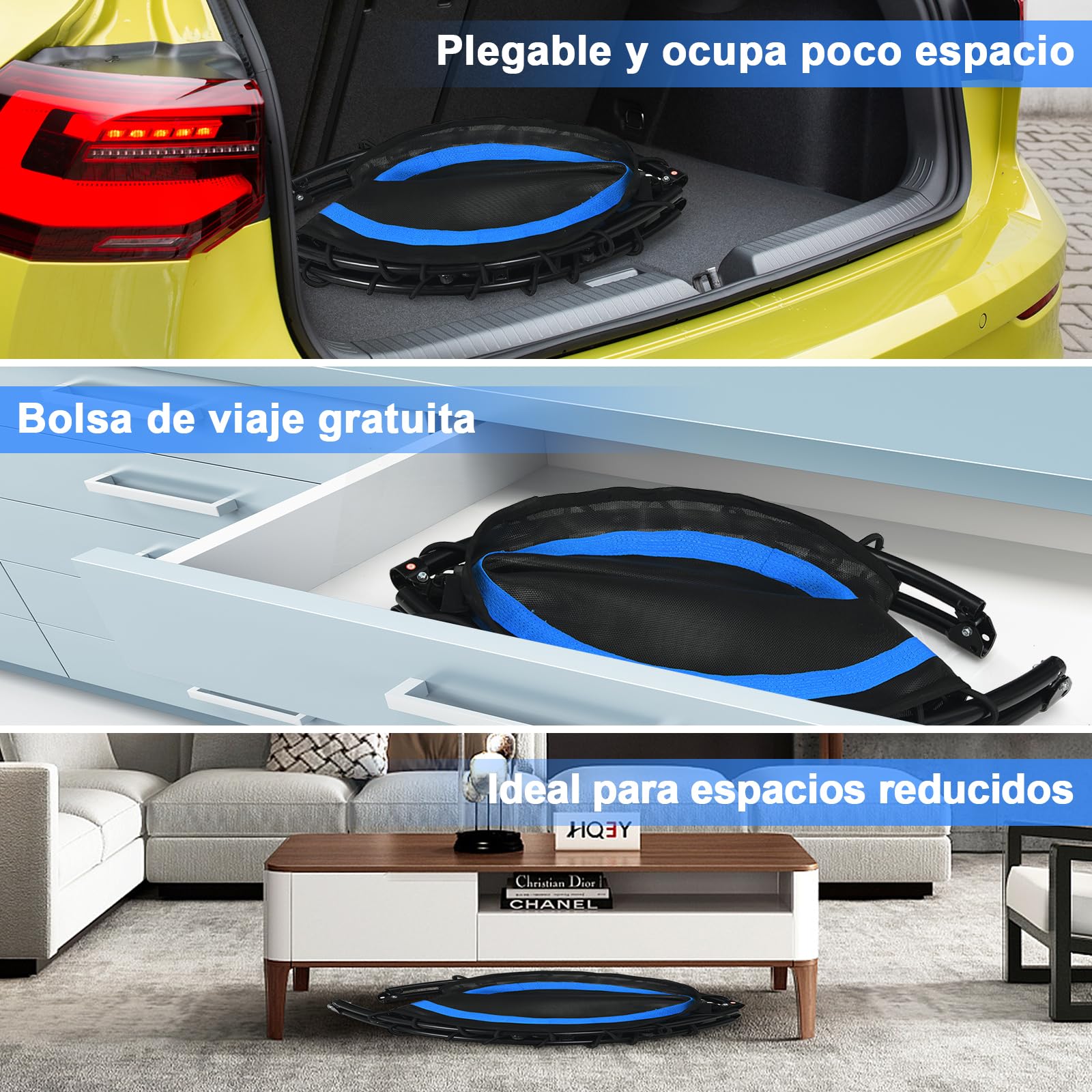 GOPLUS Cama Elástica Fitness Plegable 150 KG con Barras de Agarre Ajustables y Funda de Seguridad Acolchada, Trampolín para Ejercicio, Apto para Adultos y Niños, Interior y Exterior