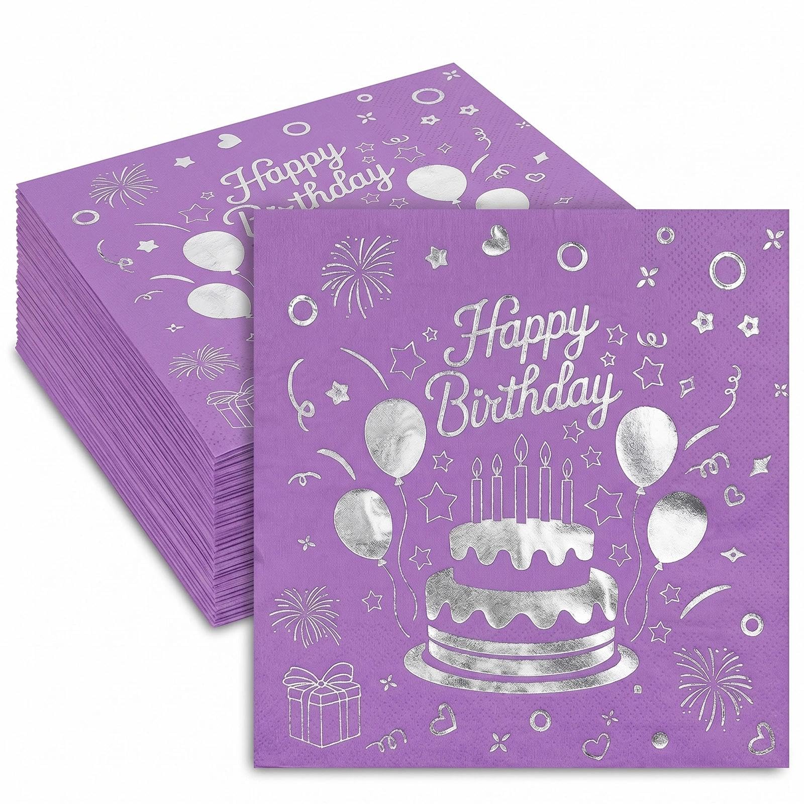 40 Pcs Happy Birthday Napkins - Purple Napkins Disposable Party, Serviettes for Perfect for Parties, Birthdays, Celebrations, Table Decorations Cocktail Supplies, 33X33cm — image 1