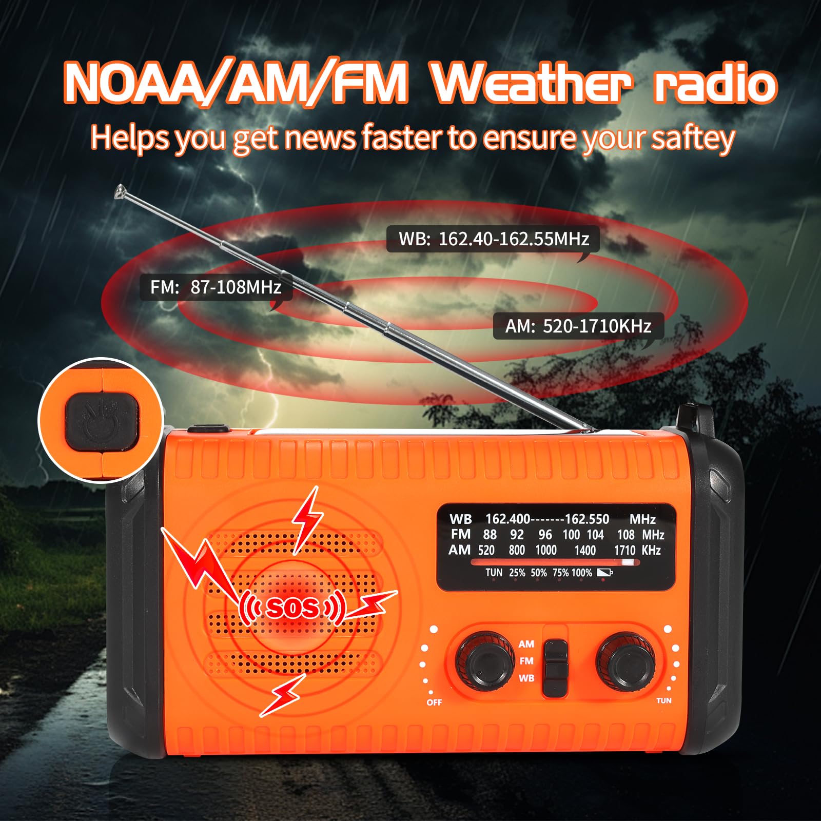 Radio météo d'urgence, radio solaire 20 000 mAh, radio à manivelle avec AM/FM/NOAA, radios portables avec lampe de poche et lampe de lecture, prise casque, alarme SOS, chargeur de téléphone pour les