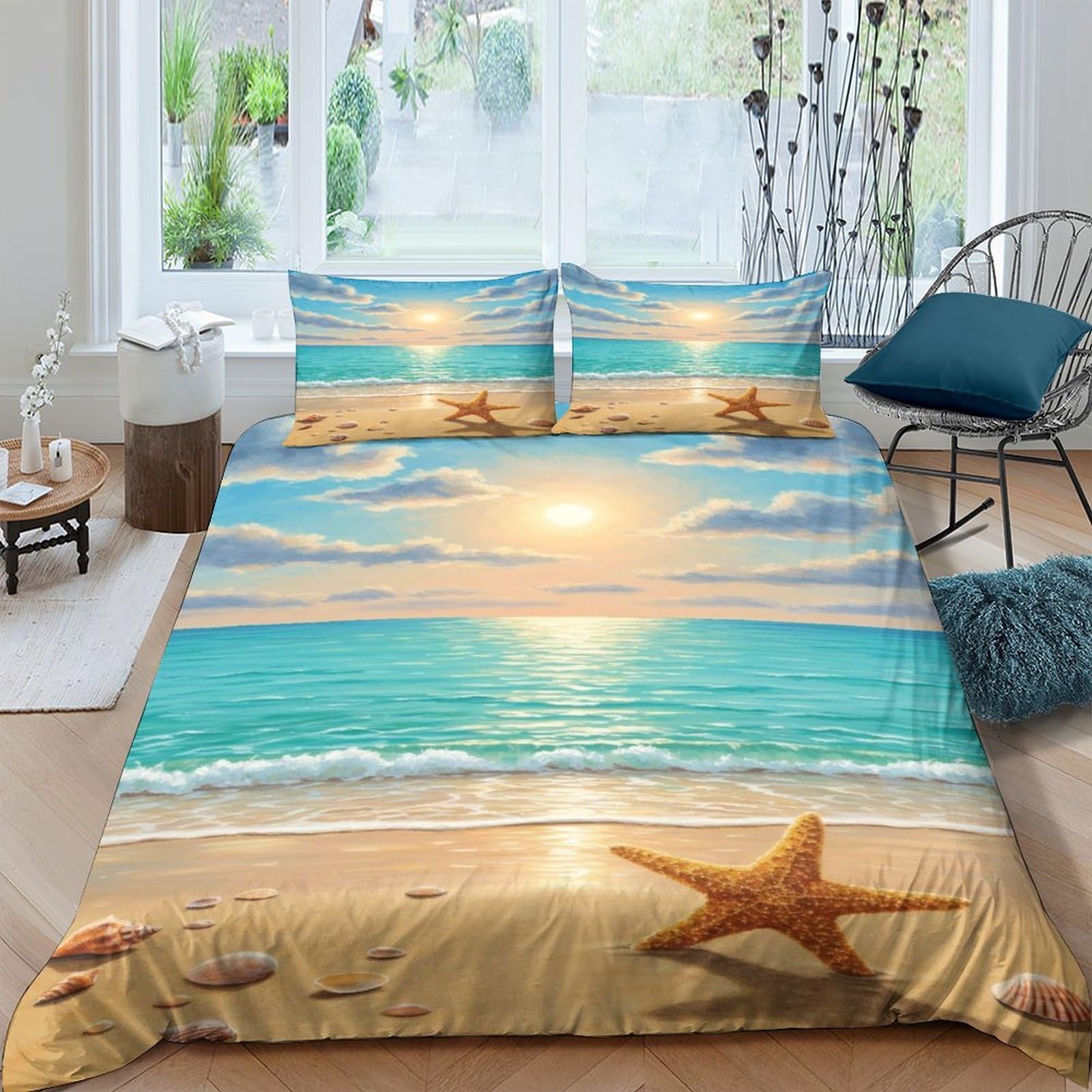 Ctjqhvkz Style-9 3D Printed Sunset Beach Fitted Sheet Microfiber Soft Blue Ocean Starfish Mattress Cover Bedroom Decor Easy Care Single（135X200cm）