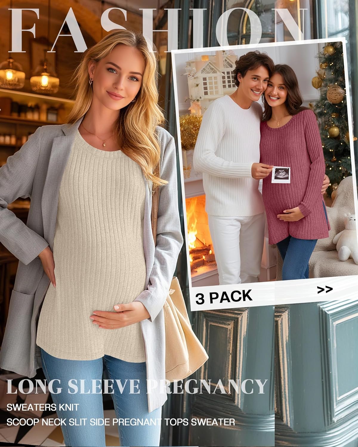 Ficerd 3 Pack Women's Maternity Shirts, Ribbed Long Sleeve Pregnancy Sweaters Crew Neck Slit Side Knit Pregnant Tunic Tee Top - Image 2