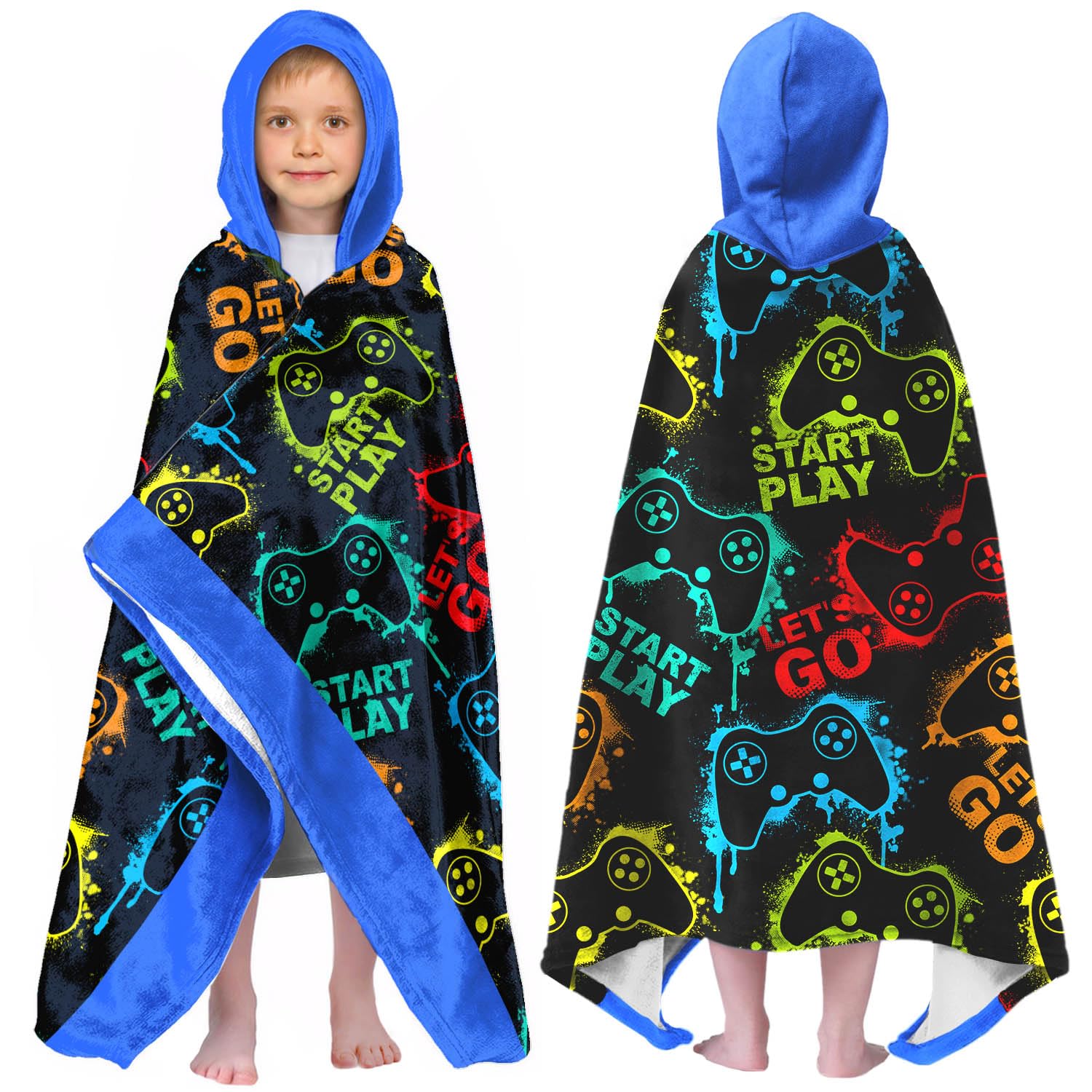 Video Gamer Boys Beach Towel with Hoodie for Kids Toddlers Age 4-8,Game Controller Black Bath Towels Shower Wrap for Boys, Hooded Poncho Beach Blanket for Pool Swimming Wearable Bath Towel for Child