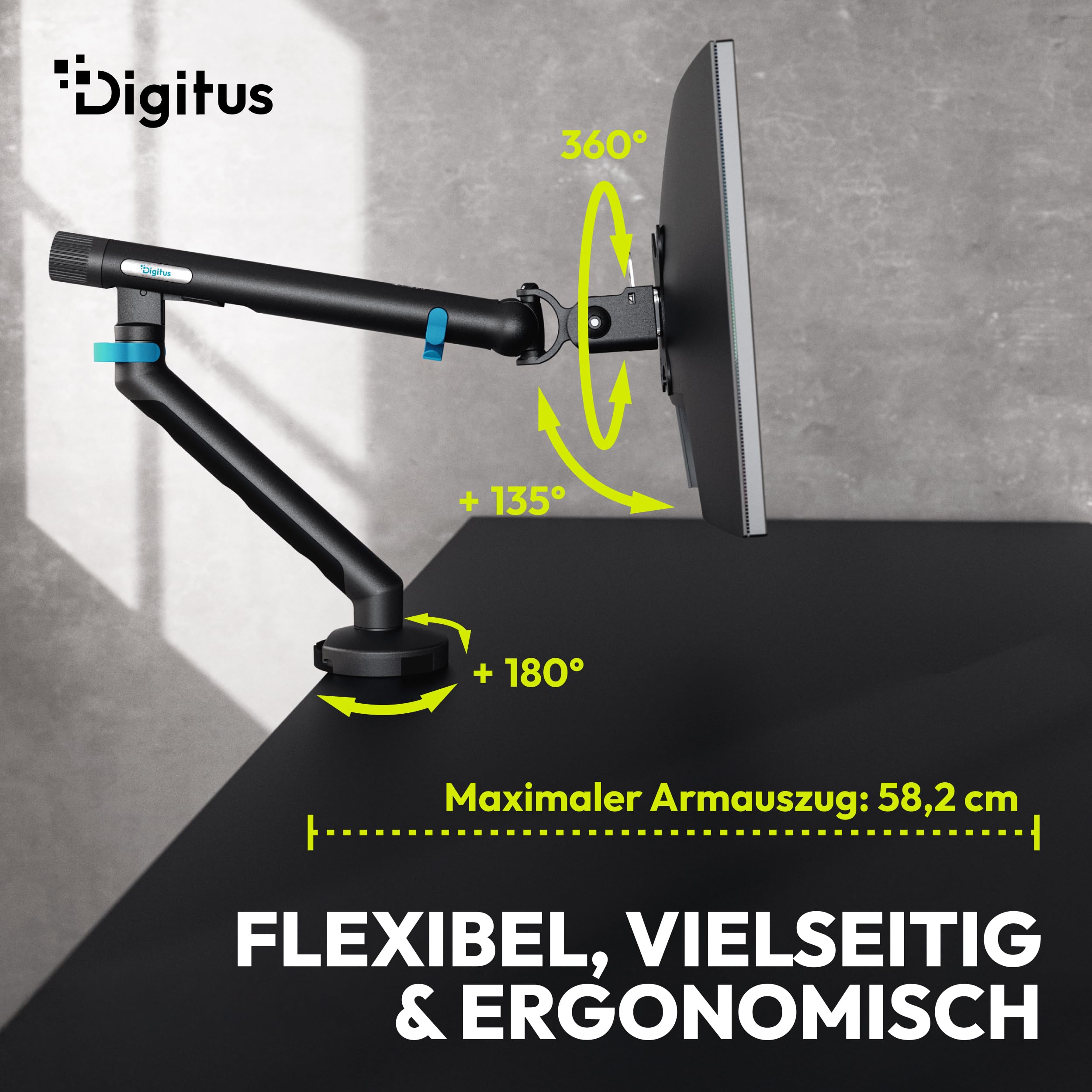 DIGITUS Monitor Halterung 1 Monitor – bis 35 Zoll – mechanische Feder | 10 kg Traglast – für Flach- und Curved-Bildschirme – VESA 75x75, 100x100 – Tischklemme – Schwarz