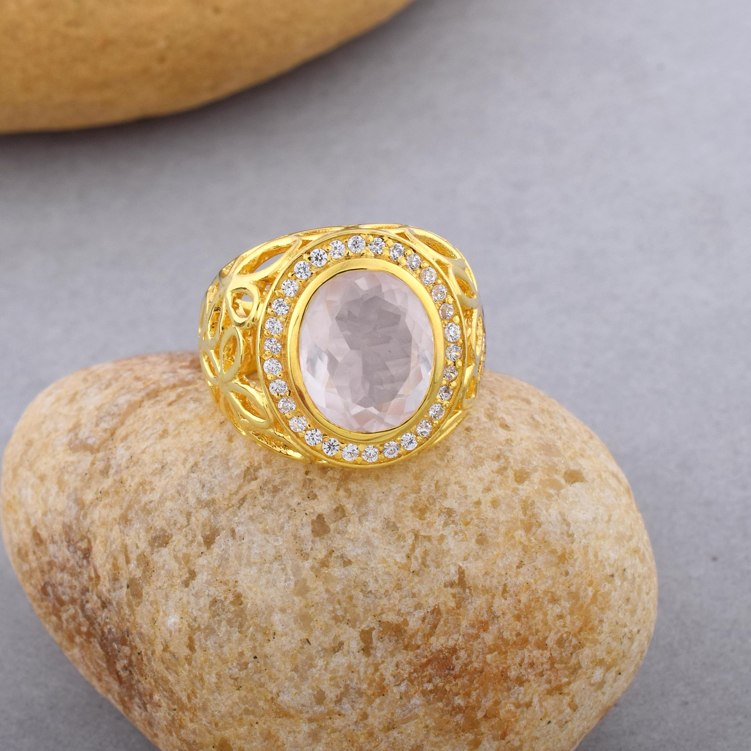Anillo de cóctel ovalado de cuarzo rosa para mujer, plata de ley 925, chapado en oro, piedra preciosa de gran tamaño con cristal de cuarzo, joyería de moda, juego de bisel