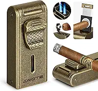 AWOTE Isqueiro Maçarico Com Chama Dupla Ajustável, Furador De Charuto Embutido, Suporte, Cortador, Isqueiro De Butano Recarregável À Prova De Vento Para Fumar, Presente Para Homens