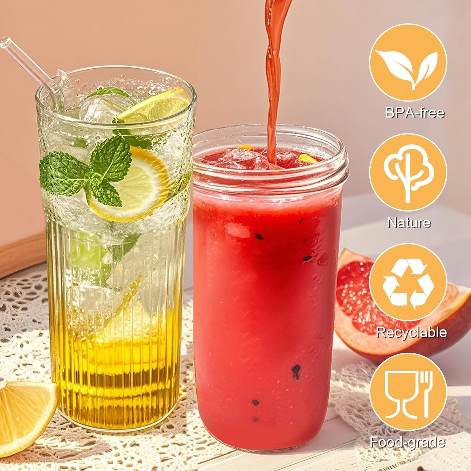 32oz Ribbed Glassware Large Cup, Glass Cups With Lids And Straws,Iced Coffee Cups With Lids,Glasses Drinking Set,Cute Cups,Boba Cup,With Straw Brush,Ideal Gift-2PCS - Image 2