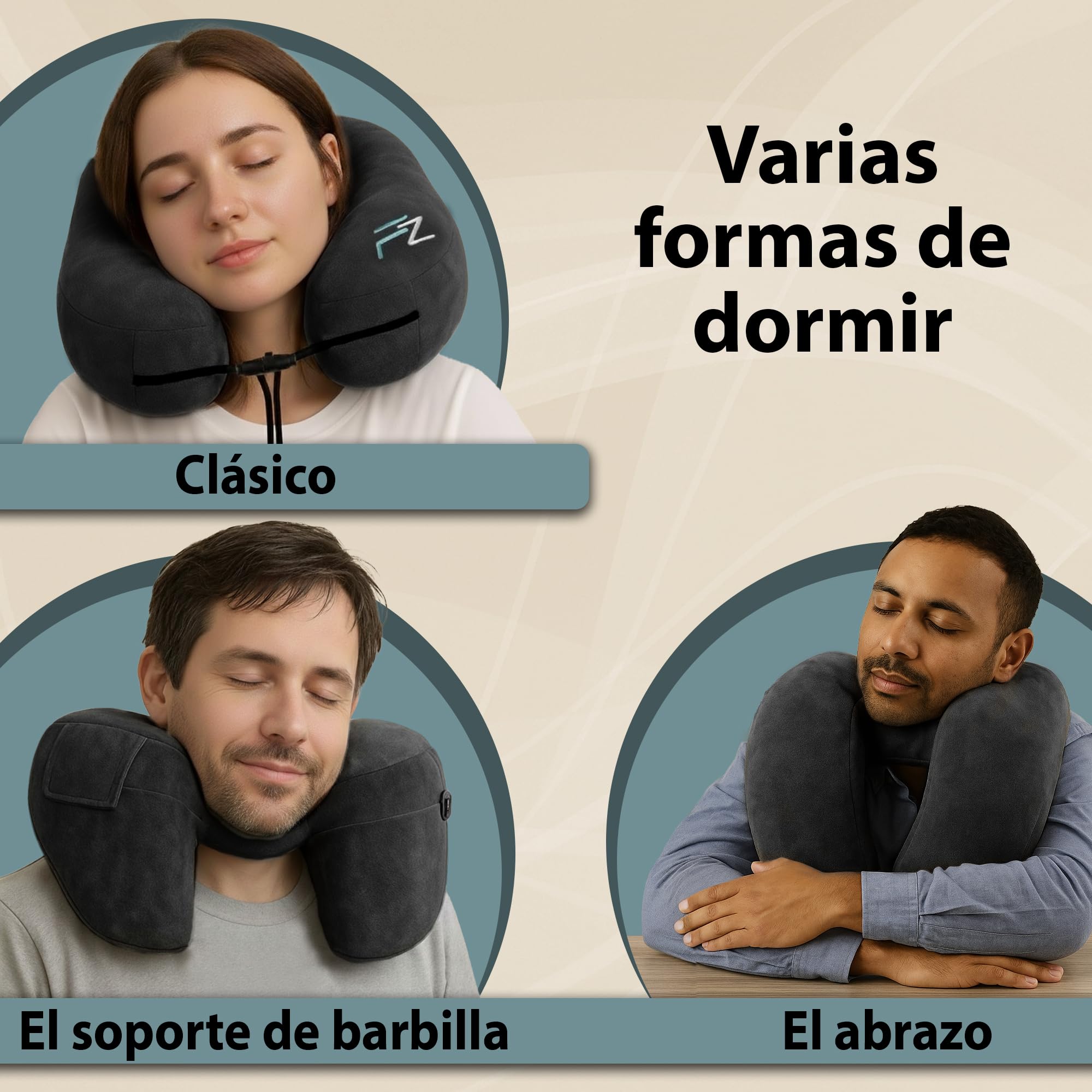 FLOWZOOM Almohada de Viaje Hinchable para Mujeres - Cojín de Cuello con Capucha de Felpa para Máxima Privacidad y Confort Avión, Tren y Coche - Talla M - Negro