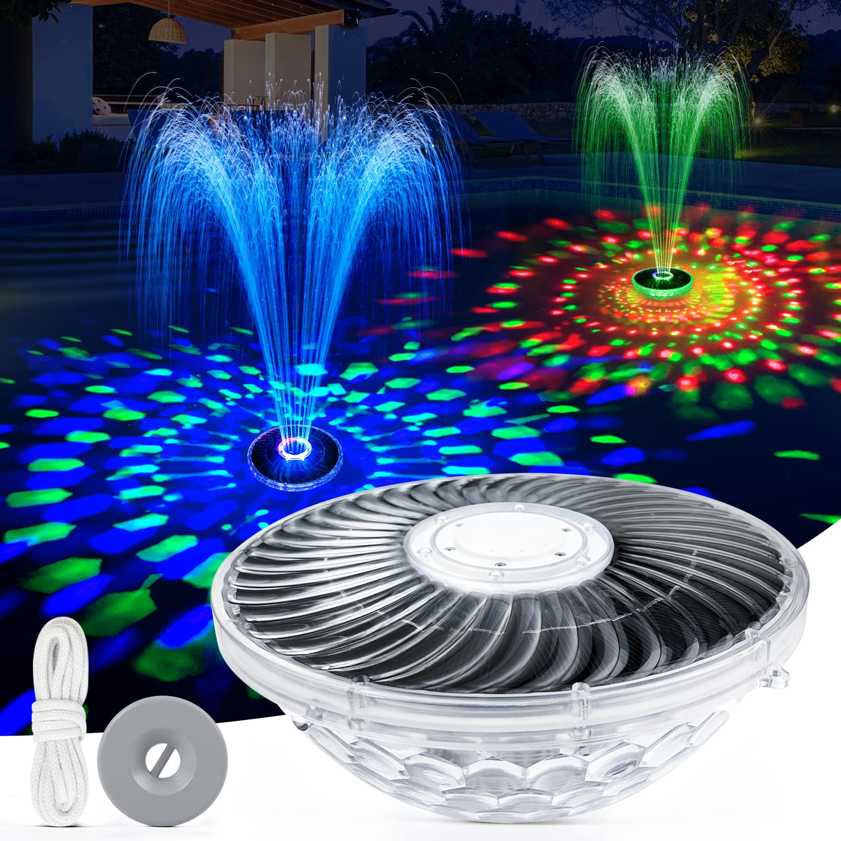 Solar Fountain with Light Show, Floating Solar Pool Fountains for Above Ground Pools,2025 Upgraded Floating Pool Fountains with Anchor&Rope, Solar Powered Pool Water Fountain Pump for Pool,Outdoor-1PC