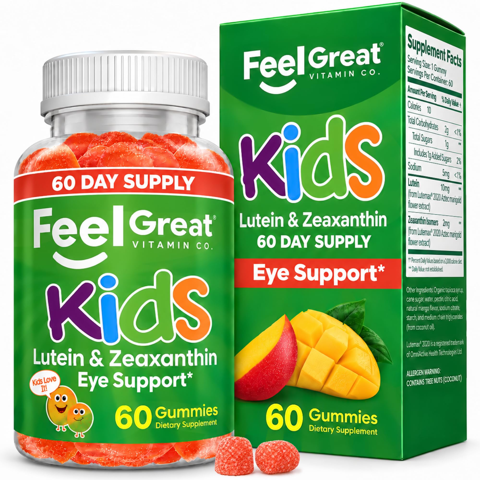 Feel Great Kids Eye Vitamins, Lutein &amp; Zeaxanthin, Gluten-Free, 60-Day