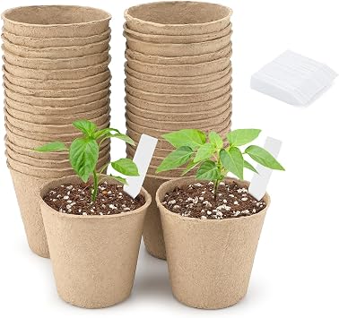KINGLAKE Biodegradable Small Plant Pots Fibre Seedling Pots, 6cm 50Pcs Compostable Flower Seed Pots for Planting Vegetables, Fruits, Herbs with 100 Plant Labels