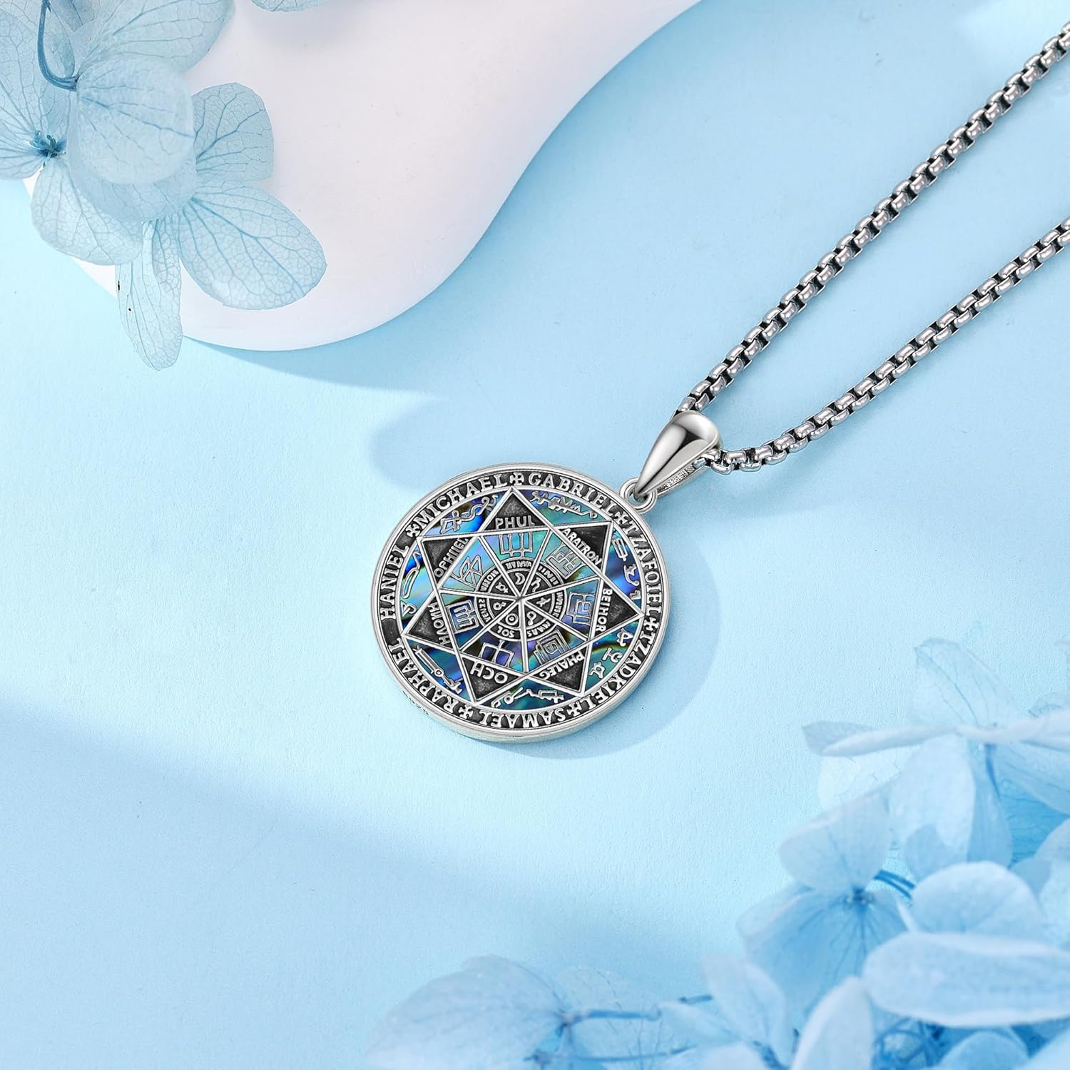 Saint Necklace 925 Sterling Silver Christopher Armor of God/Virgin Mary/Magdalen/7 Arcangel/Joan of Arc/Serenity Prayer Hands/James Pendant Abalone Shell Religious Jewelry Gift Women Men