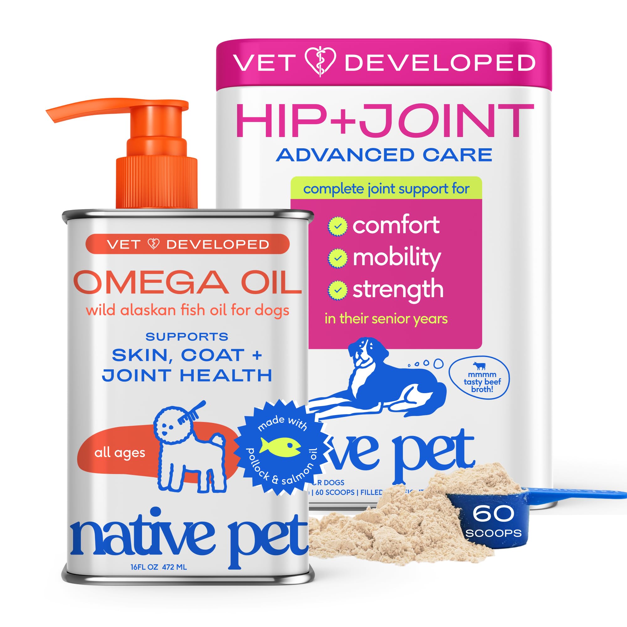 Native Pet Omega 3 Fish Oil for Dogs 16Oz &amp; Advanced Care Hip &amp; Joint Supplement for Dogs 12.7Oz Powder for Mobility &amp; Movement - Supports Healthy Skin, Coat, Joints, Cartilage &amp; Muscle