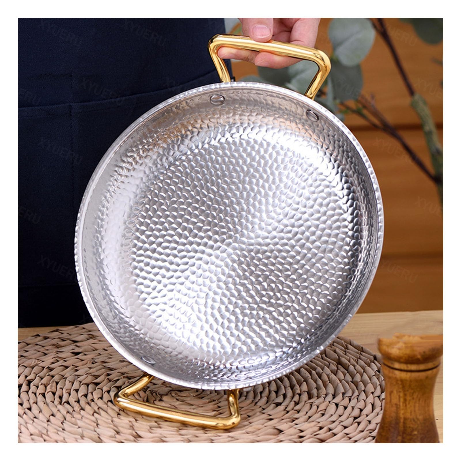 Paellera – Olla martillada de acero inoxidable con asas dobles, parte inferior plana para una distribución uniforme del calor, ideal para saltear, sopas y pastas