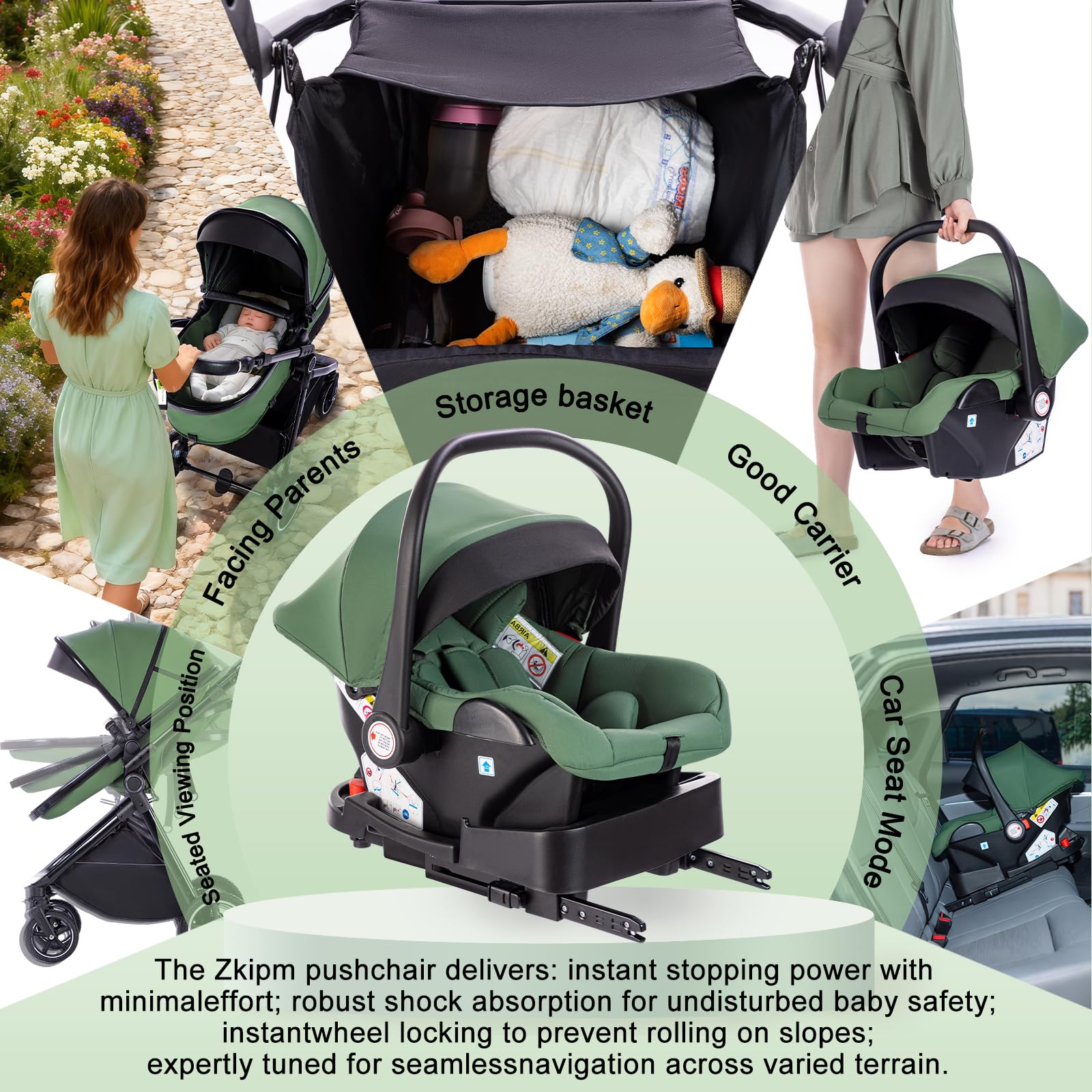Zkipm Kinderwagen 3 in 1 Set mit Sitz & Isofix Base, Babybett zusammenklappbar, bis 15 kg, 0-3 Jahre