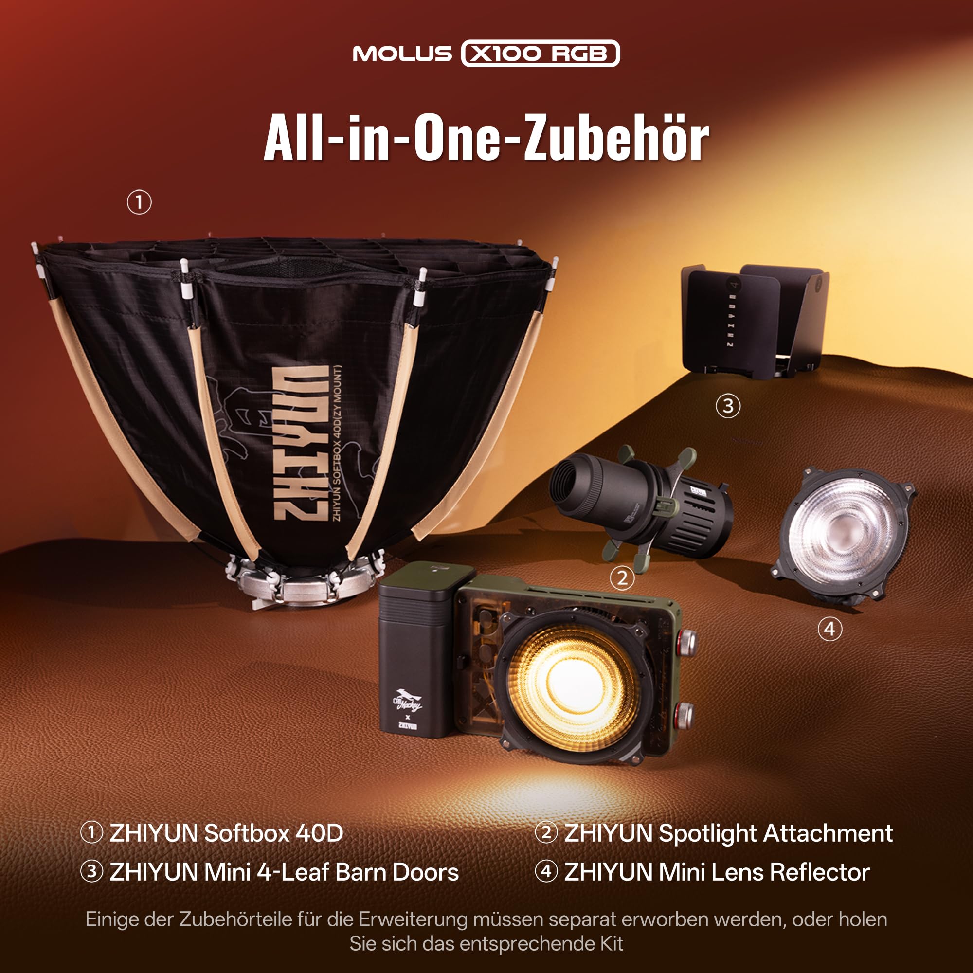 ZHIYUN MOLUS X100 RGB PRO V2 Verbesserte Version RGB Videolicht 100w [Official],RGBWW LED Videoleuchte Studiolicht mit2600mAh Akku,384g/APP Steuerung，2500K~10000K CRI≥95 TLCI≥97