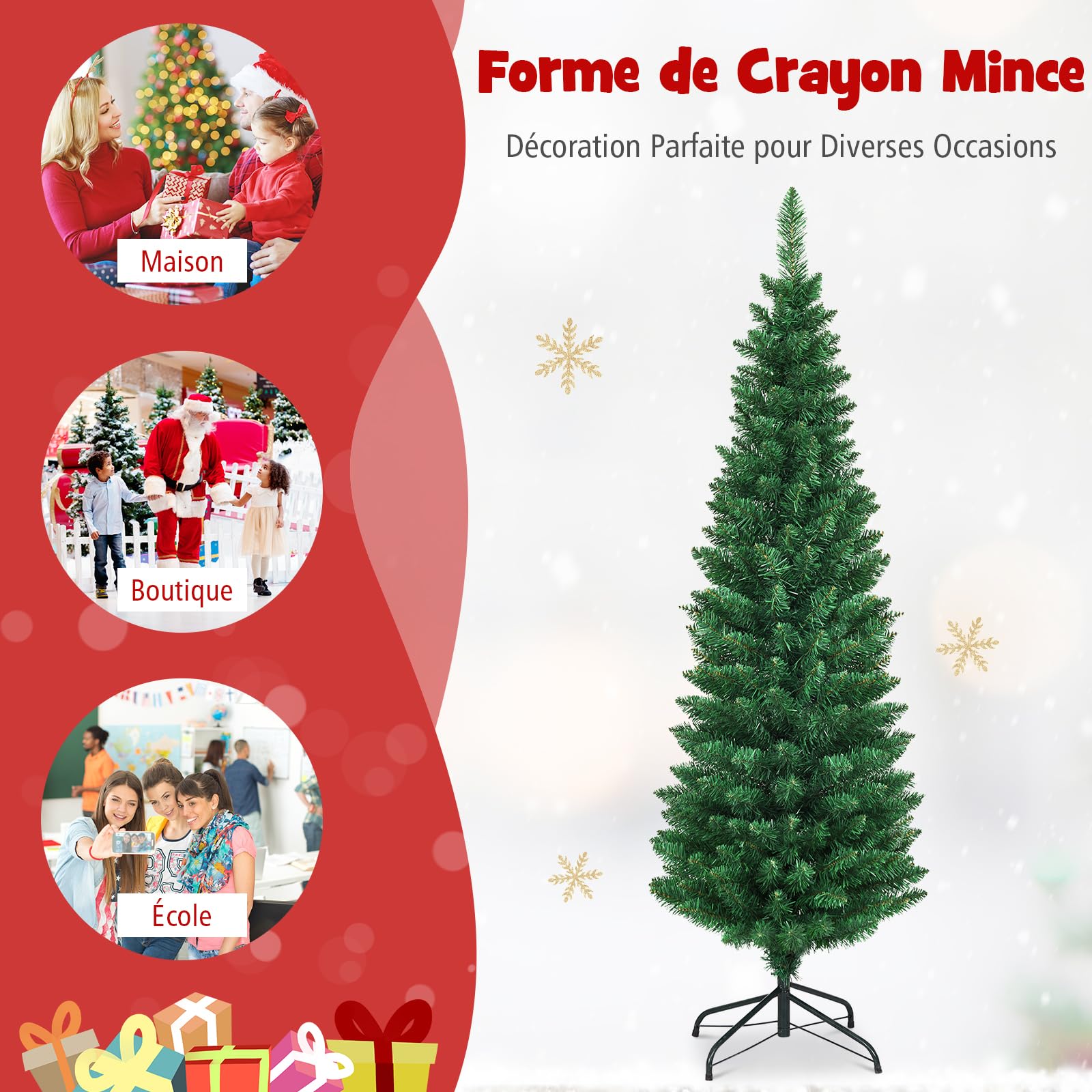 GYMAX Sapin de Noël 180cm Slim Artificiel, 400 Branches en PVC, Support Métallique Pliable, Sapin Mince Gain de Place pour Maison, Magasin, Bureau