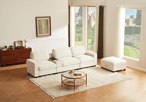 Miniatura 8 de Sofá modular de 122 pulgadas con consola y portavasos, sofá en forma de L con diván convertible, sofá de 4 asientos con otomana de almacenamiento,
