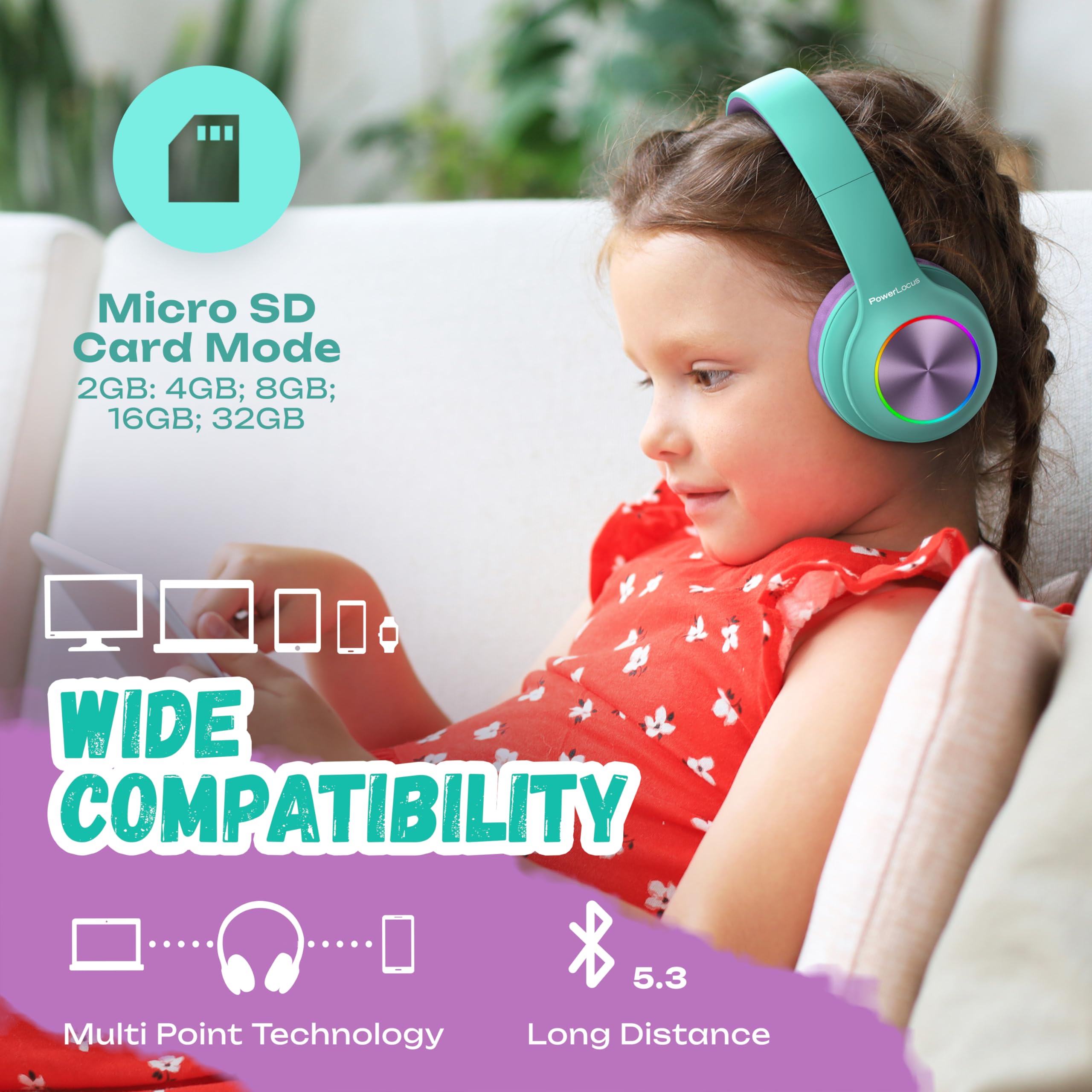 Cuffie per Bambini, PowerLocus Cuffie Bluetooth con Luce LED, Cuffie Senza Fili Pieghevoli con Microfono, Micro SD/TF, HD Stereo, 94DB Limitazione del Volume, Wireless e con Cavo,per Ragazzi e Ragazze