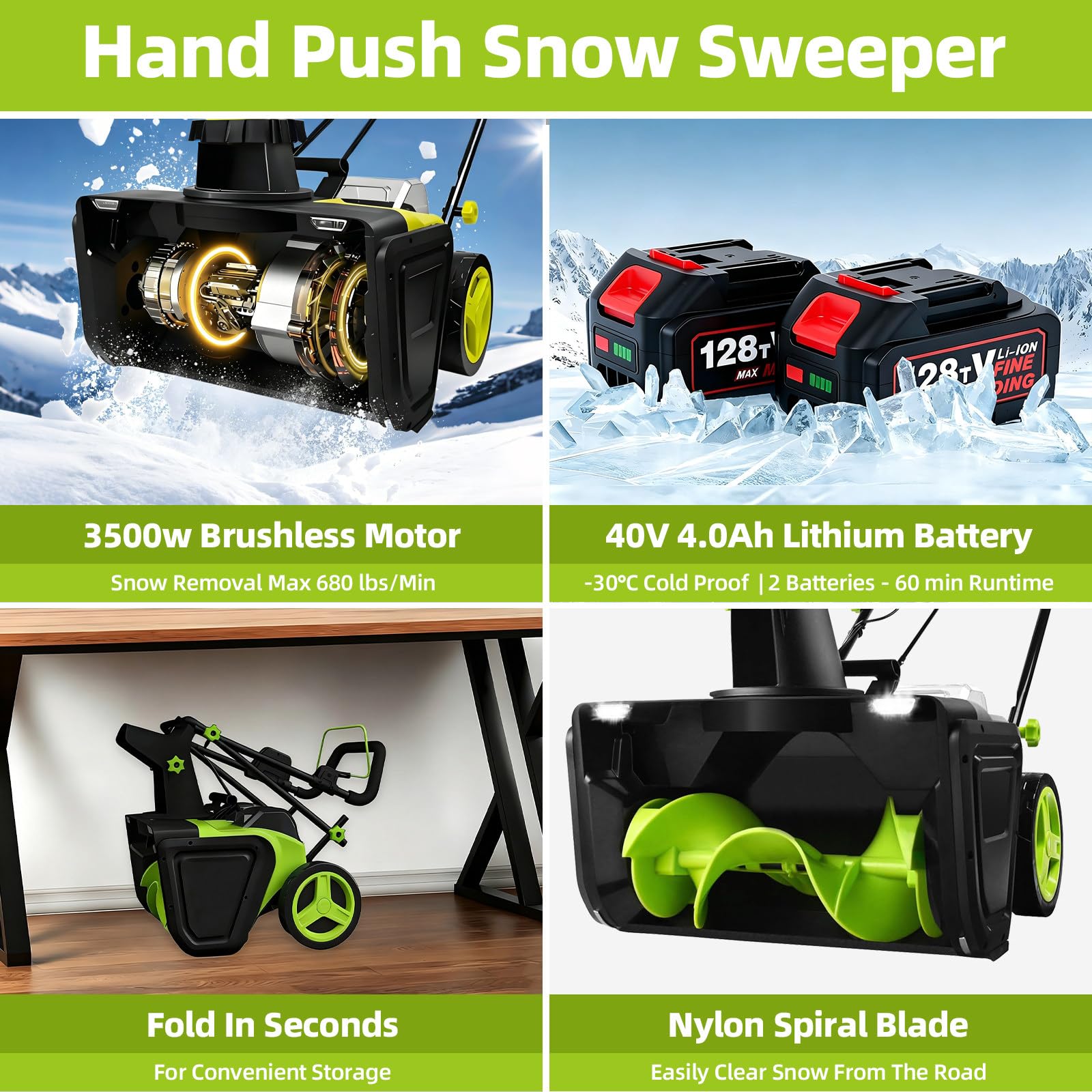 Quitanieves a Batería 40V Litio, Rueda Quitanieves Eléctrico 3500W con Descarga Ajustable, LED y Diseño Ligero para Nieve,para Propietarios de Vivienda 4Batteries