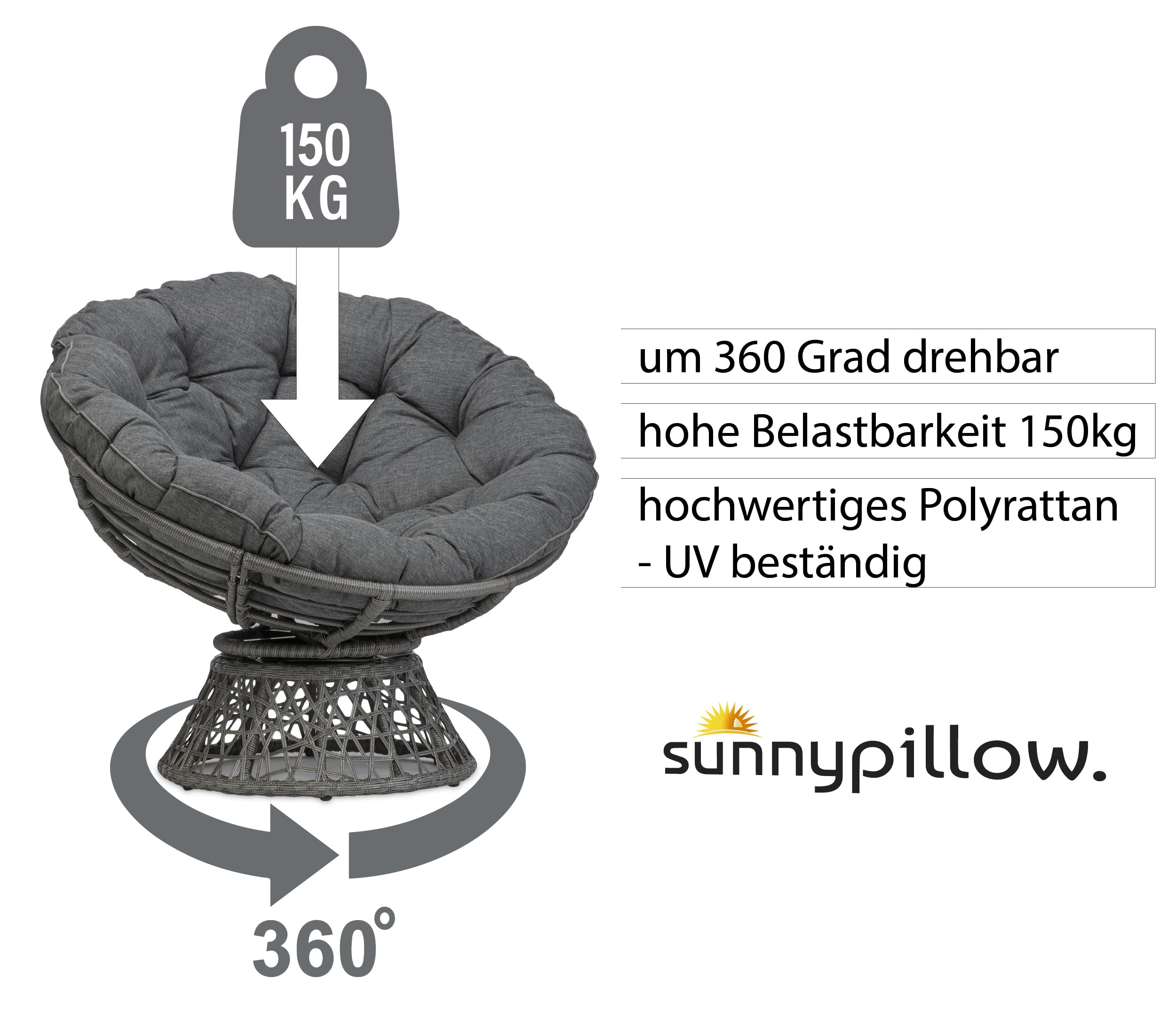 sunnypillow Papasansessel | Rattansessel mit Kissen rund Durchmesser 120 cm | gemütlicher Loungesessel drehbar für Wohnzimmer | Balkon Sessel Korbsessel Rattan Lesesessel | Outdoor/Indoor | Antrazit