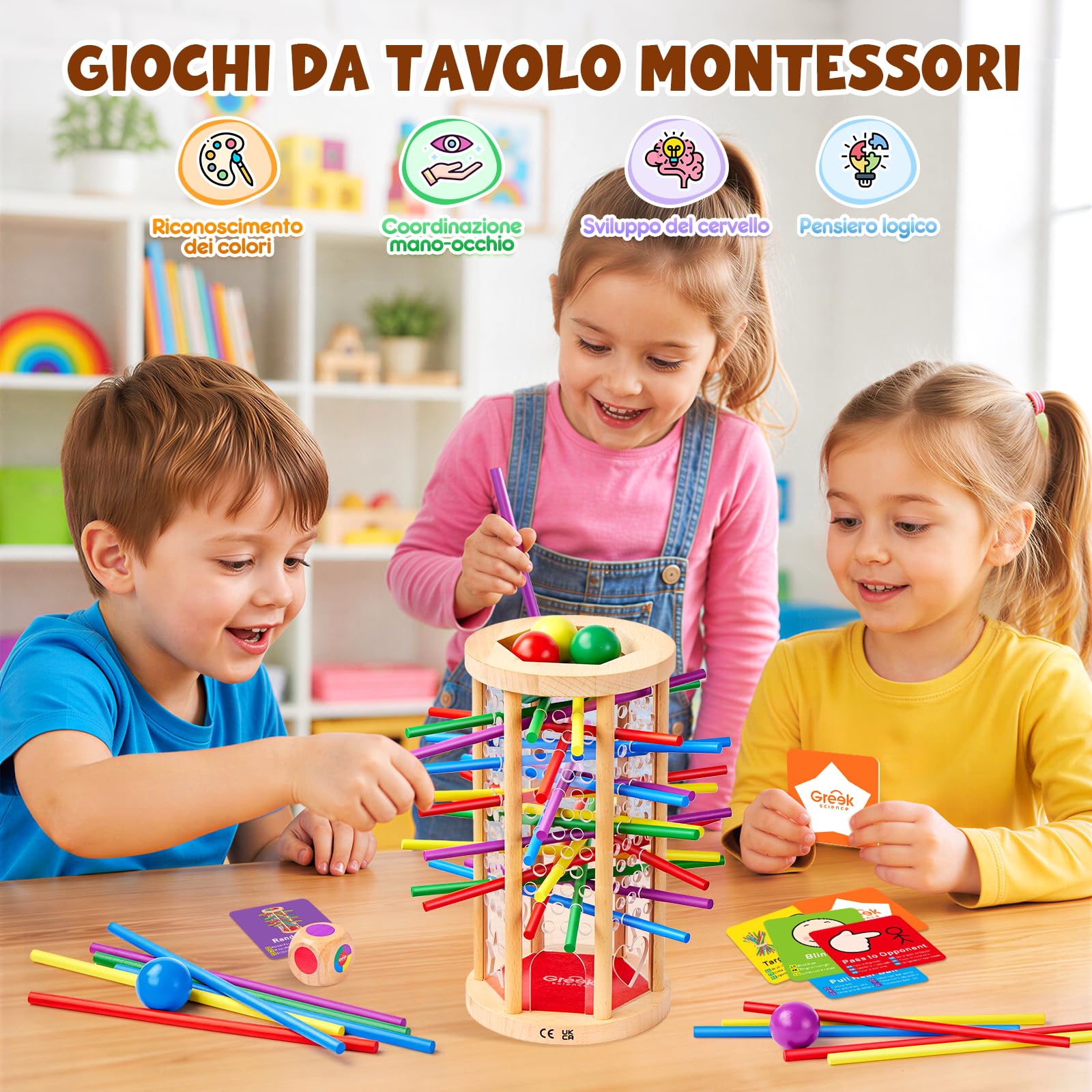 Gioco in Legno Stick Pull con Carte Sfida | Gioco strategia equilibrio legno, gioco da tavolo, gioco familiare senza schermi, gioco bambini 3-10, regalo Natale