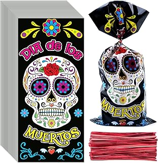 Day of the Dead Sugar Skull Cellophane Bags Goodie Bags - Dia DE Los Muertos Skull Treat Candy Bags Cookie Bags with Twist for Halloween/Day of the Dead Party Gift Favors