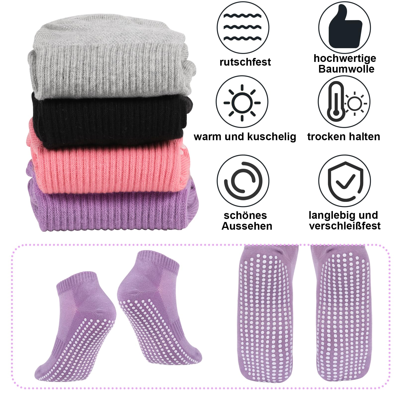 4 Paar Stoppersocken für Damen Herren, Yoga Socken Antirutschsocken Rutschfeste Socken Grip Socken für Ballett, Pilates, Krankenhaus, Fitness